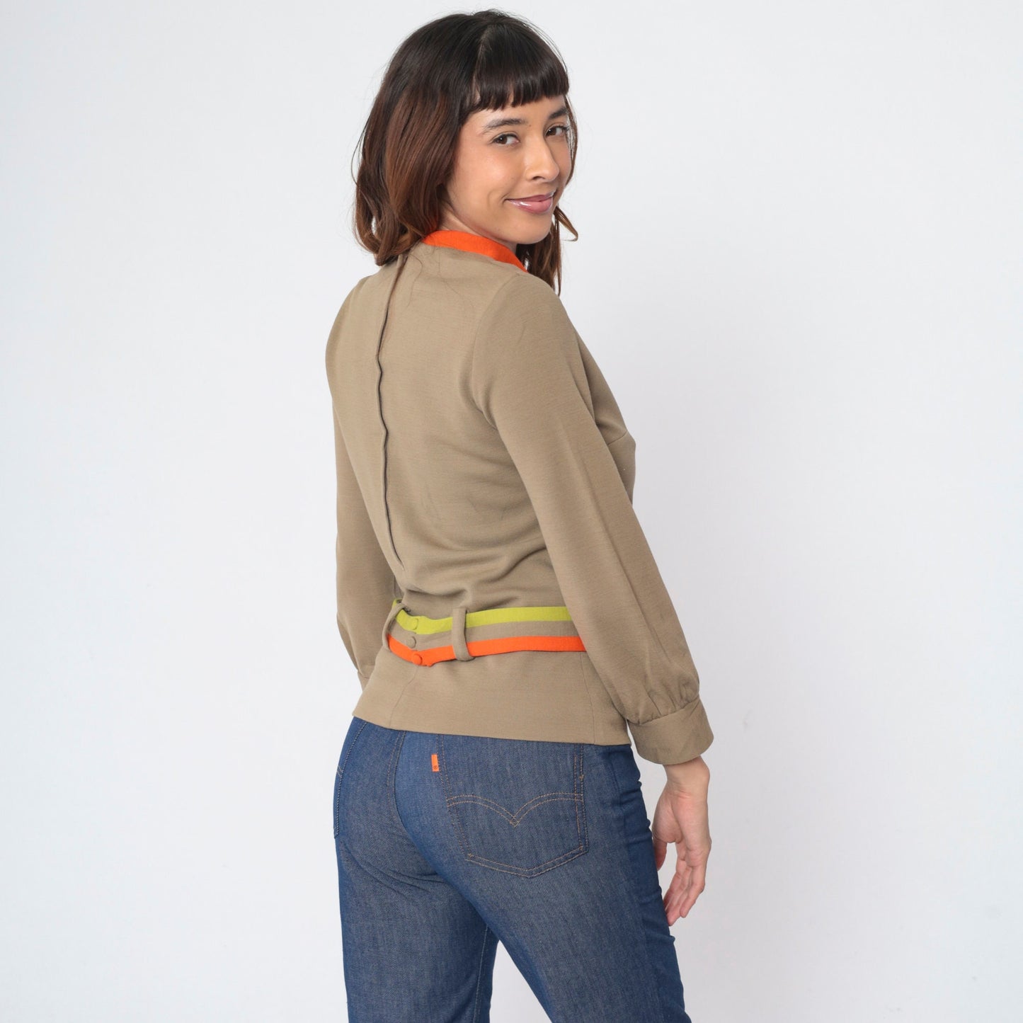 60s Nardis Wool Blouse Taupe V-Neck Necktie Belted Long Sleeve Small