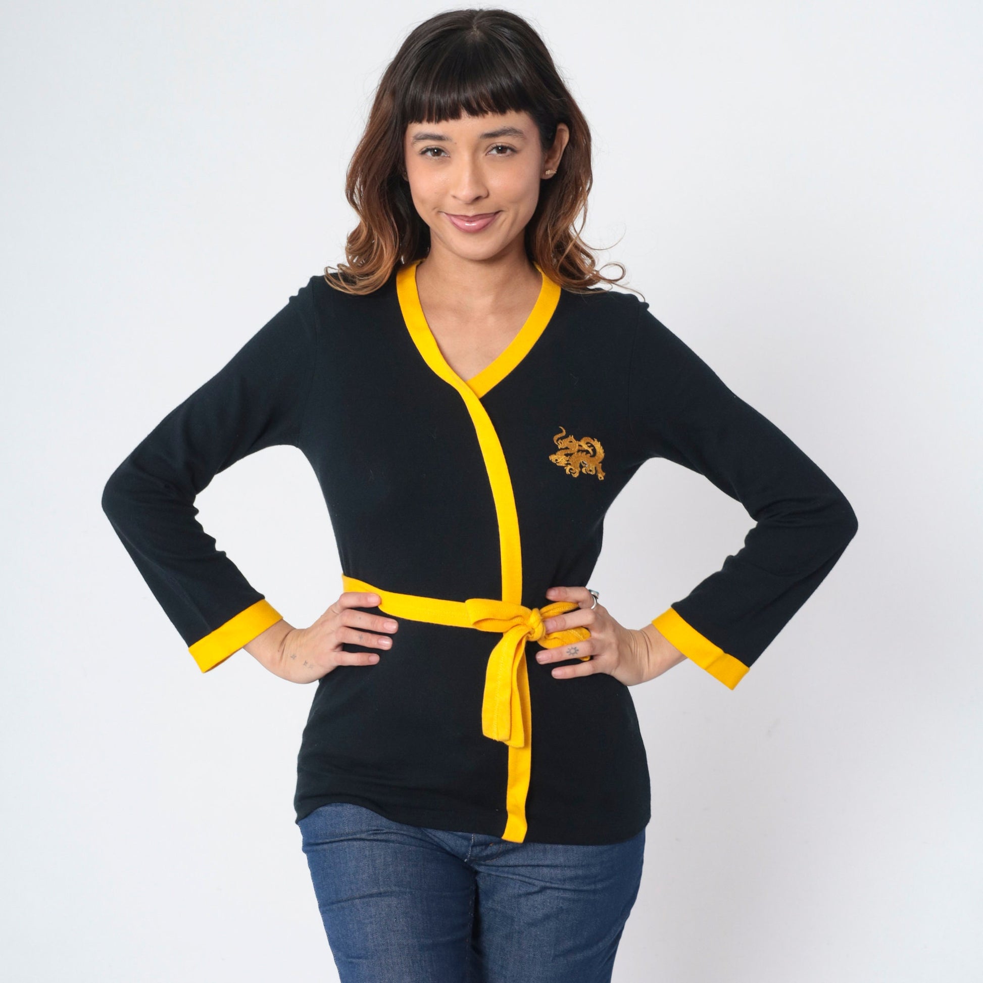 70s Black Knit Dragon Embroidered Wrap Top Yellow Trim Small S