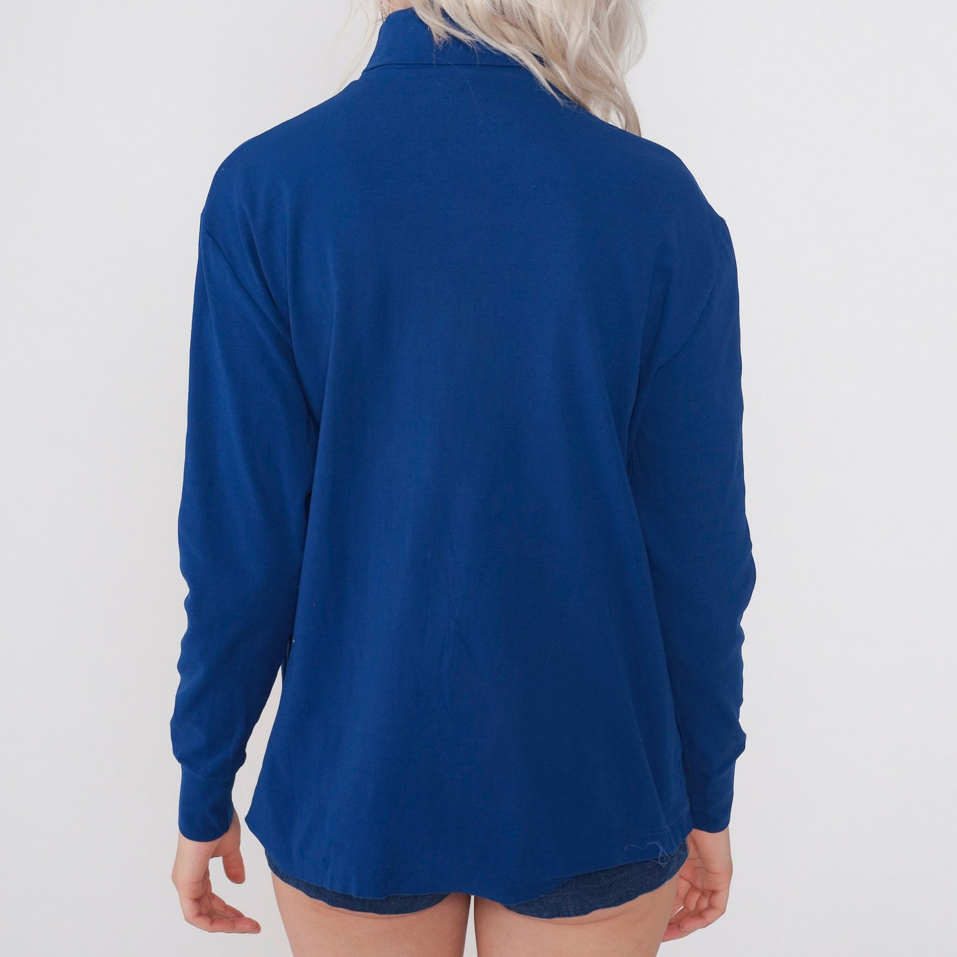 70s Navy Turtleneck Long Sleeve Shirt Plain Funnel Neck Medium M