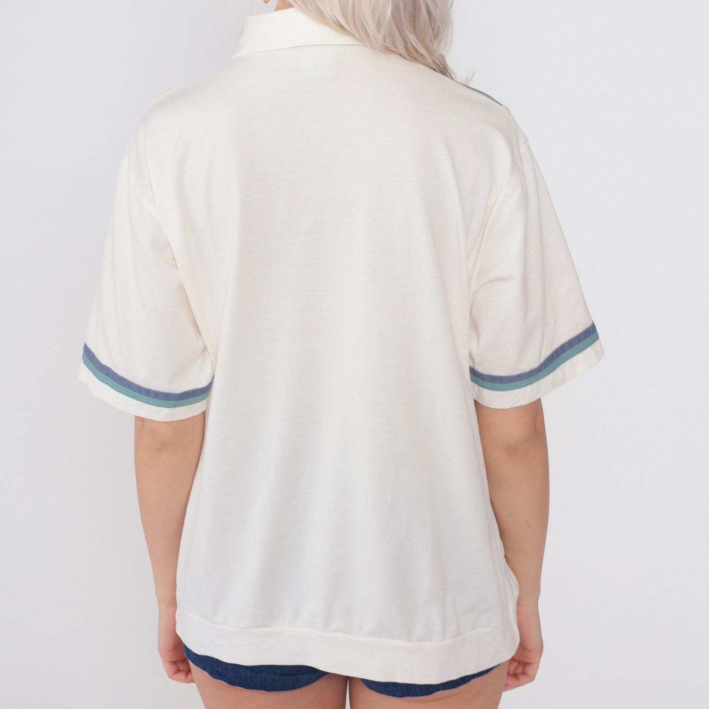 90s Haband Polo Shirt White Striped Embroidered Diamond Blue Green Men's Large