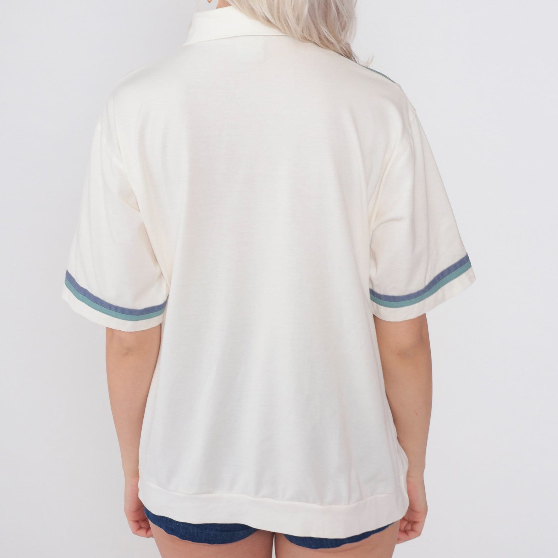 90s Haband Polo Shirt White Striped Embroidered Diamond Blue Green Men's Large
