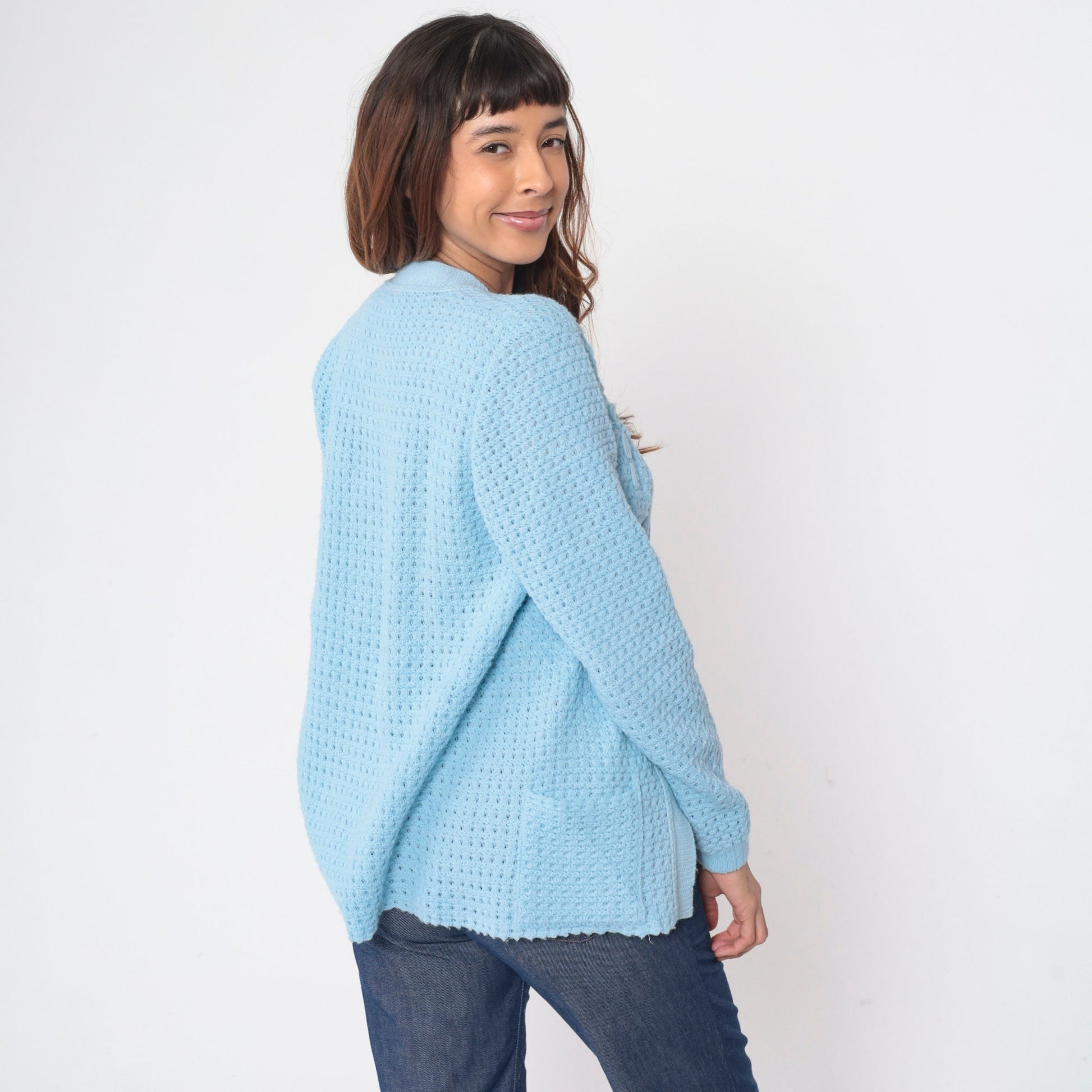 70s Baby Blue Cardigan Knit Floral Embroidered Open Front Sweater Medium M