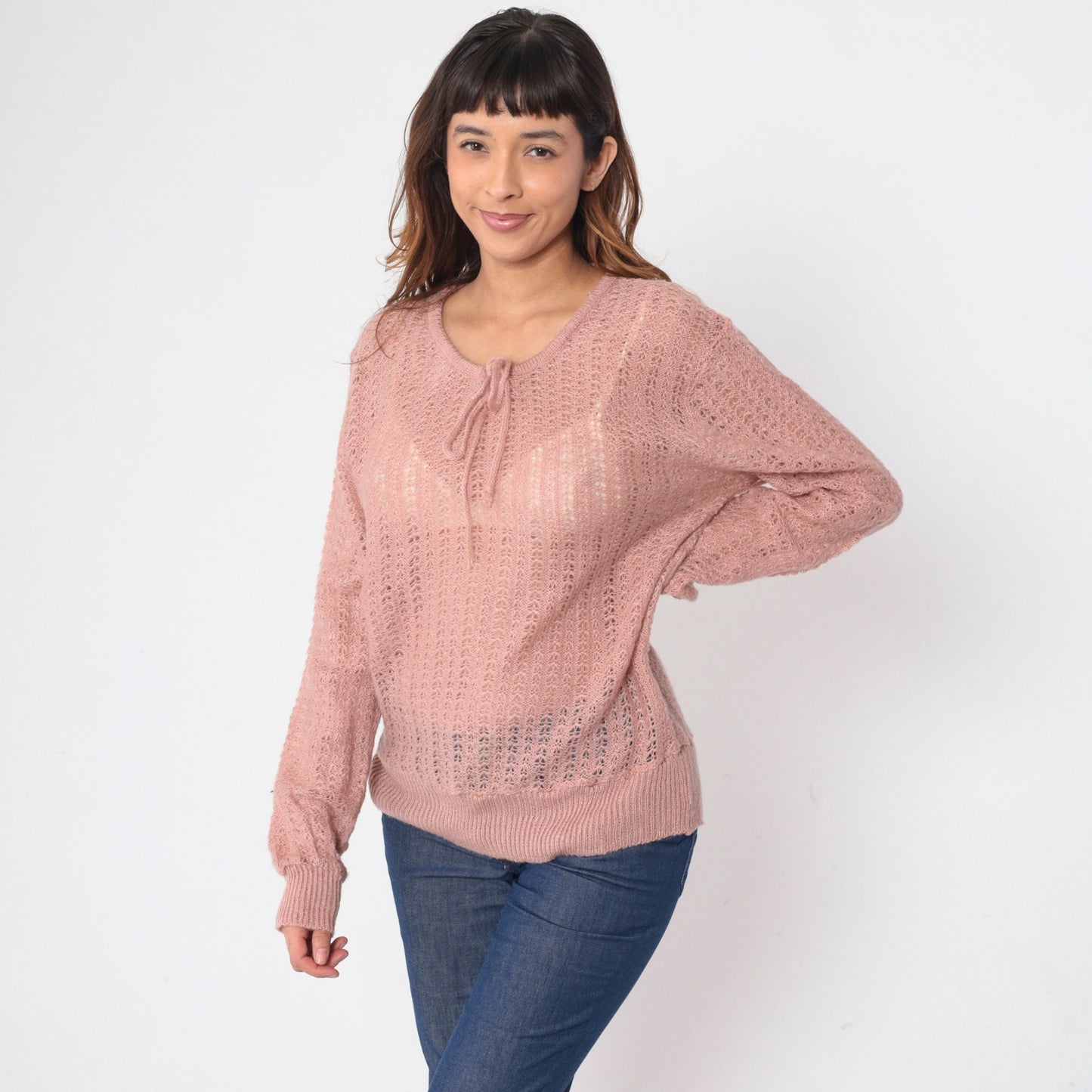 70s Dusty Pink Pointelle Knit Sweater Cutout Bow Tie Pullover Medium M