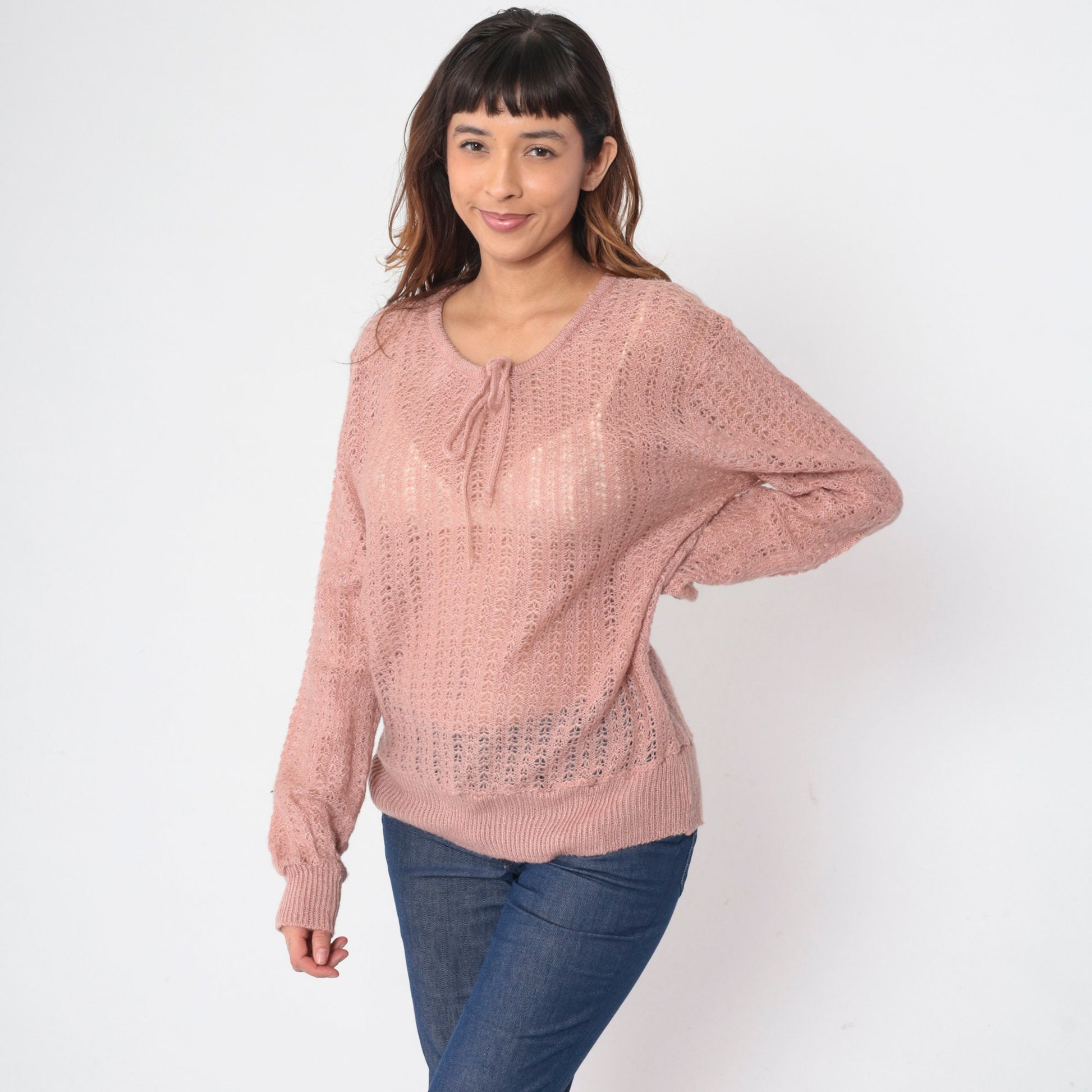 70s Dusty Pink Pointelle Knit Sweater Cutout Bow Tie Pullover Medium M