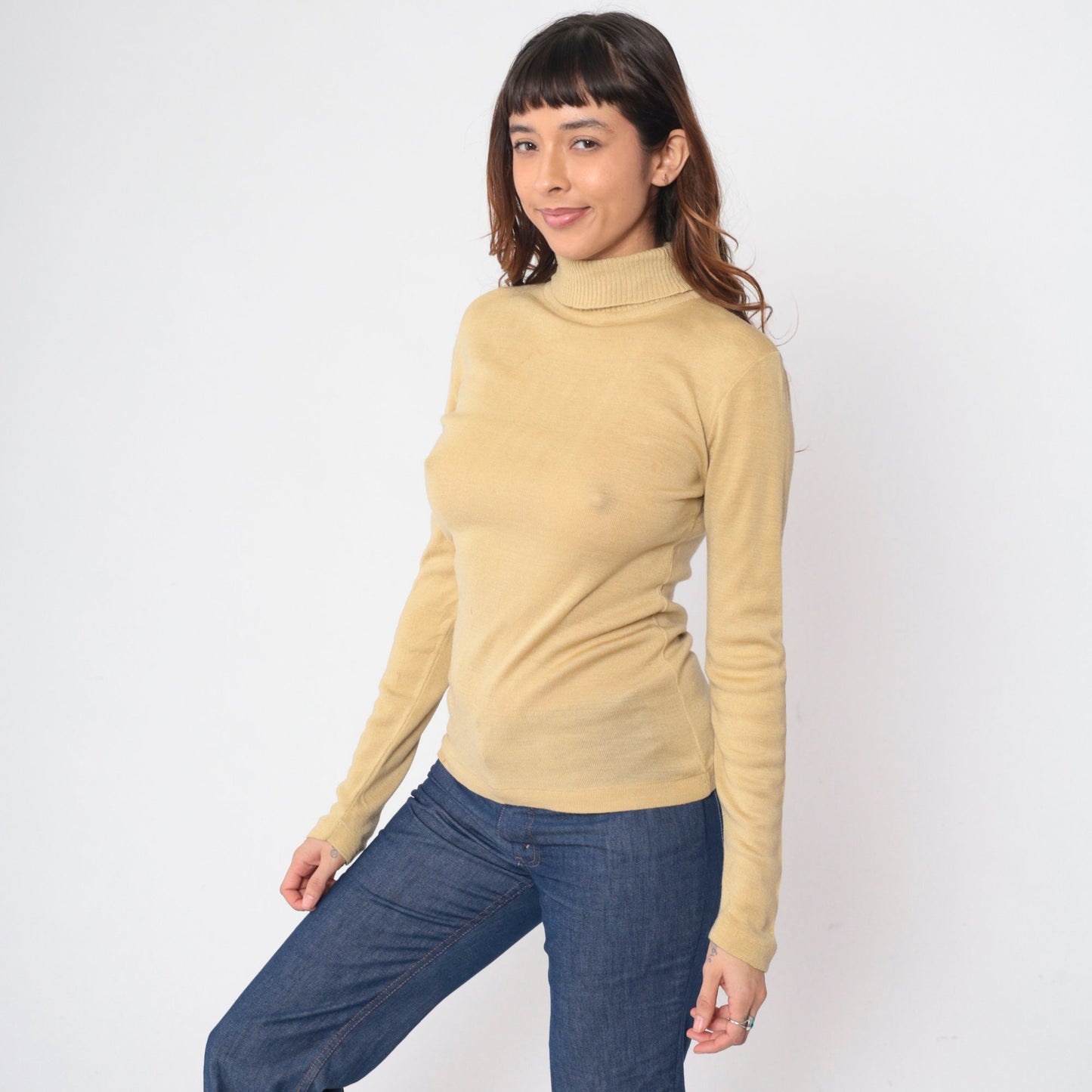 70s Jantzen Wool Blend Turtleneck Sweater Beige Long Sleeve Medium