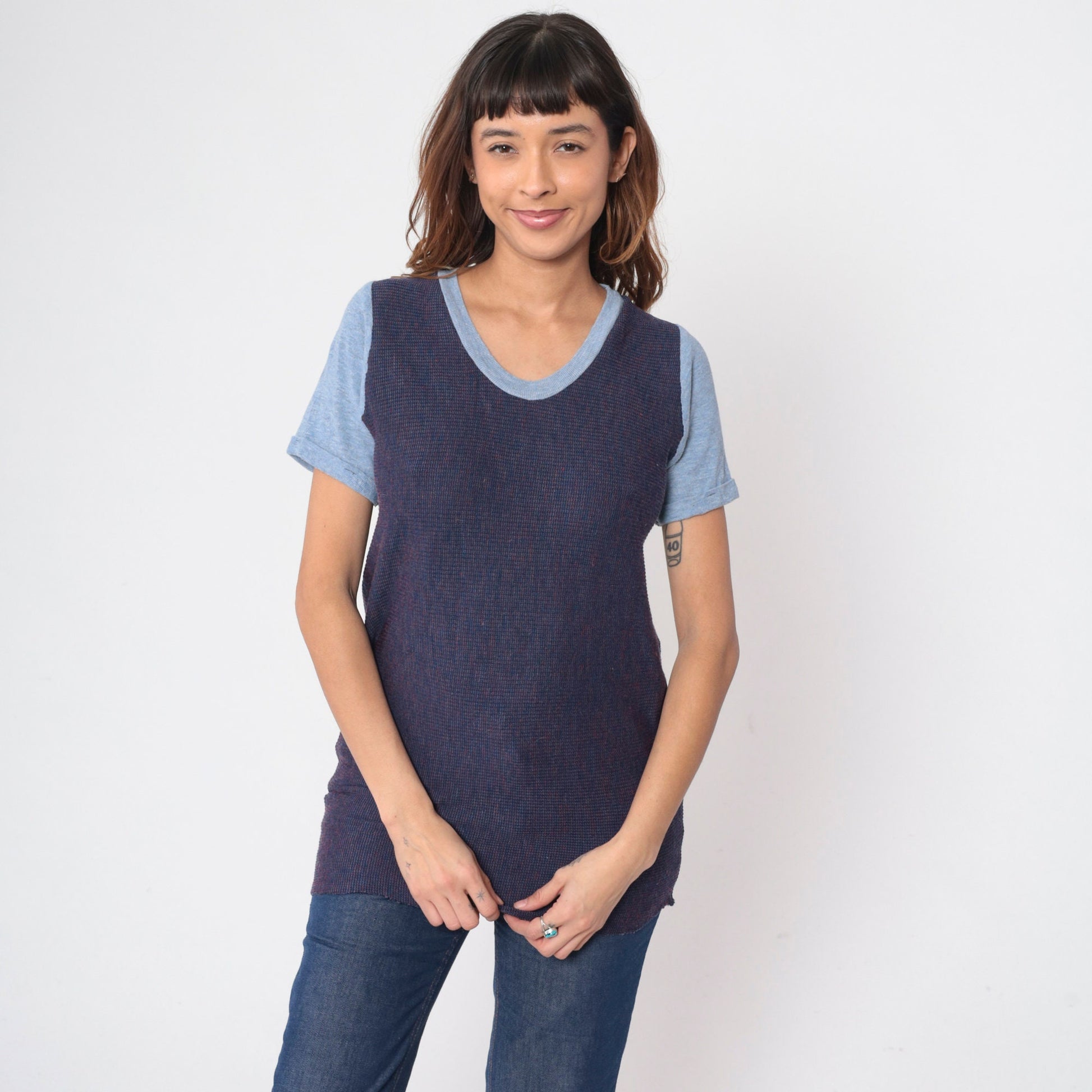 70s Ringer Tee Blue Waffle Knit Scoop Neck Cuffed Sleeve Small