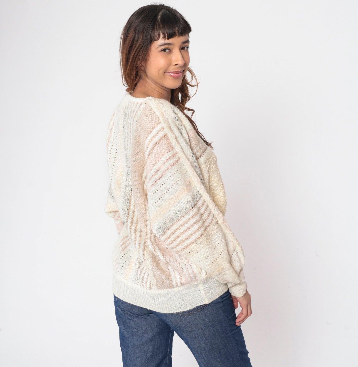 90s Mariea Kim Beaded Floral Knit Sweater Cream Mixed Media Medium