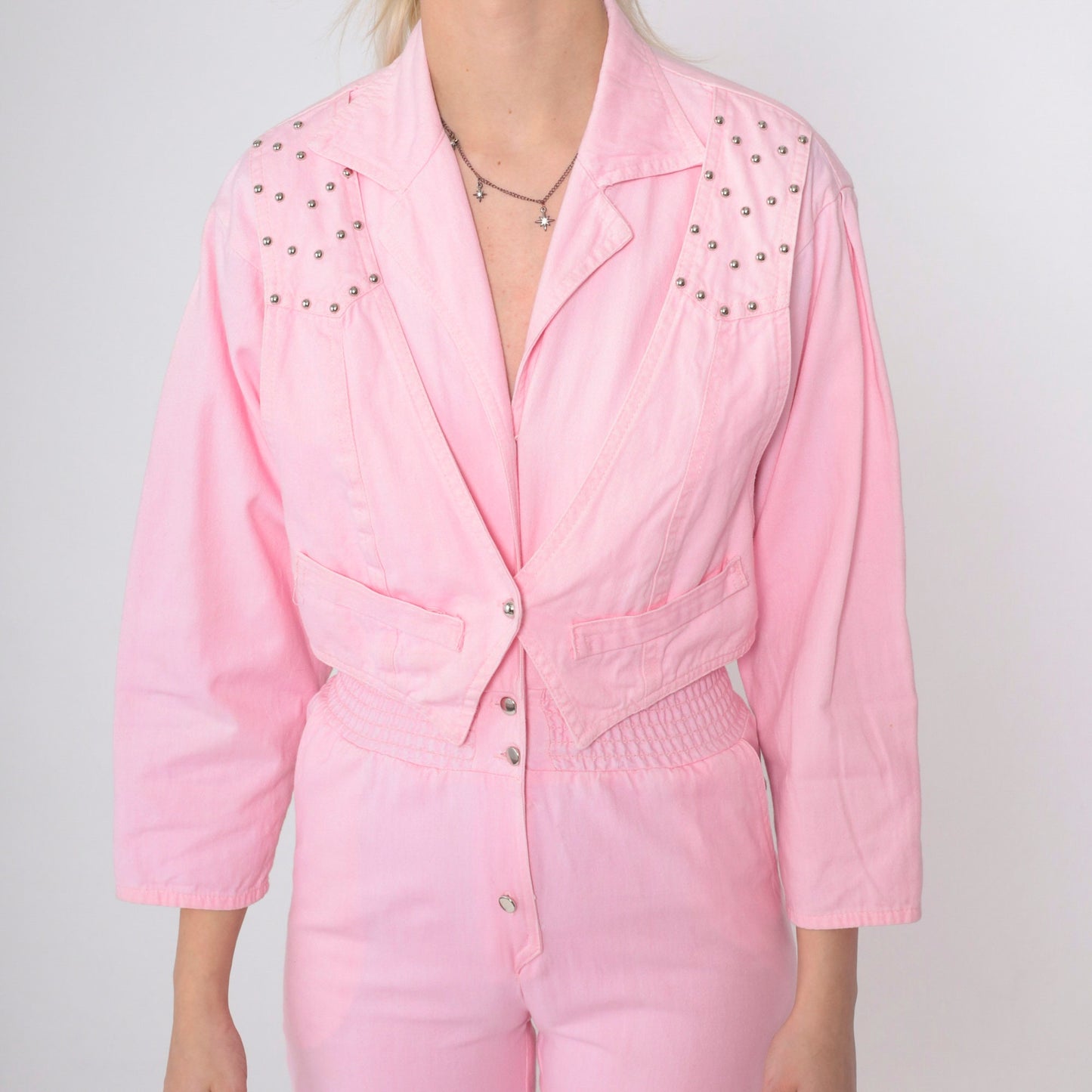 80s Baby Pink Cotton Jumpsuit Studded Vest Long Sleeve Smocked Waist XXS
