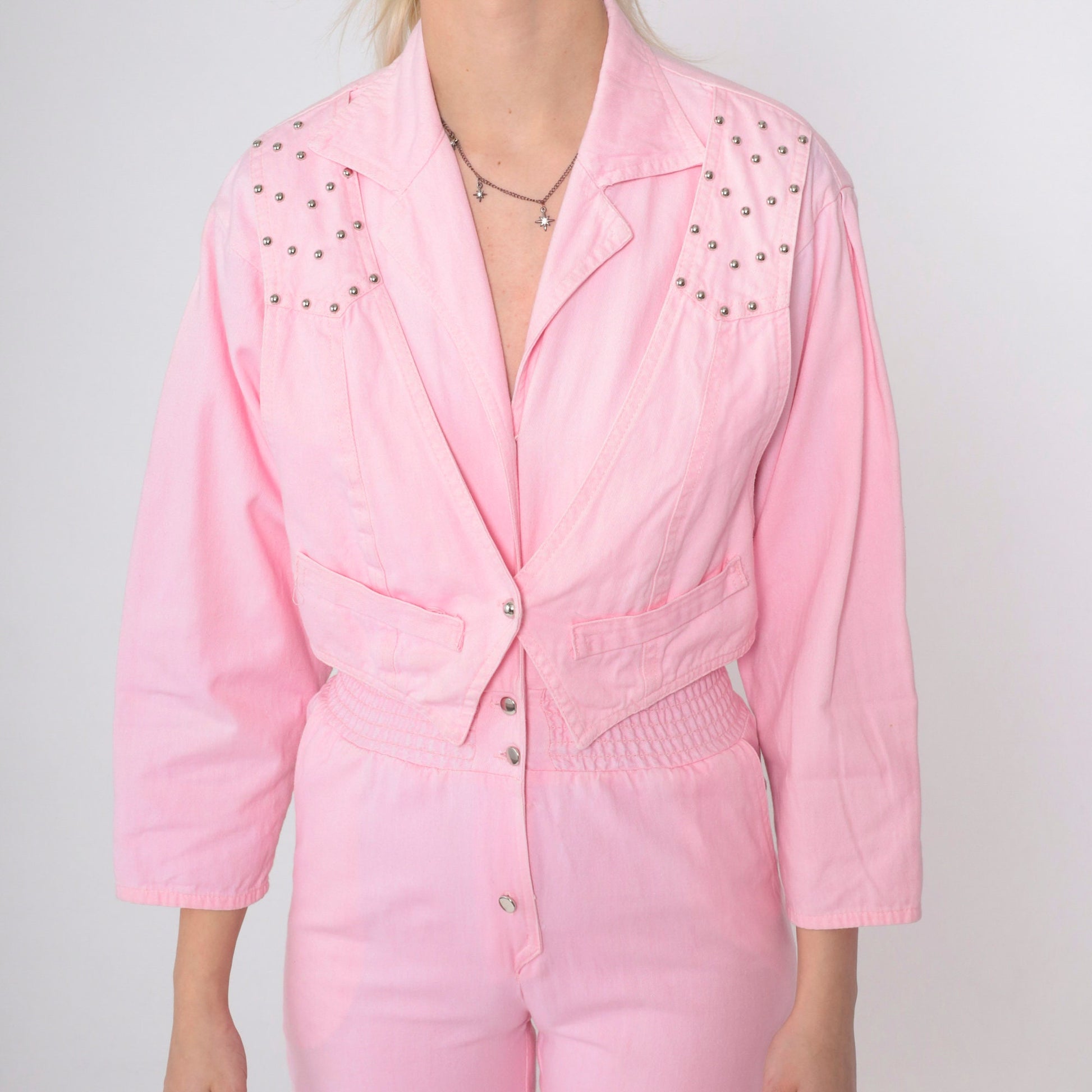 80s Baby Pink Cotton Jumpsuit Studded Vest Long Sleeve Smocked Waist XXS