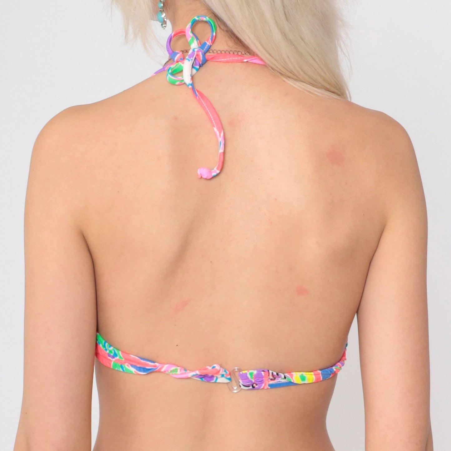 90s Neon Tropical Floral Halter Bikini Top Underwire Ruffled Swim XS
