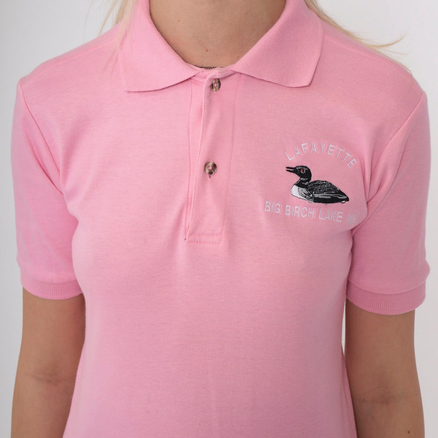 80s King Louie Loon Polo Shirt Lafayette Big Birch Lake Minnesota Baby Pink Extra Small