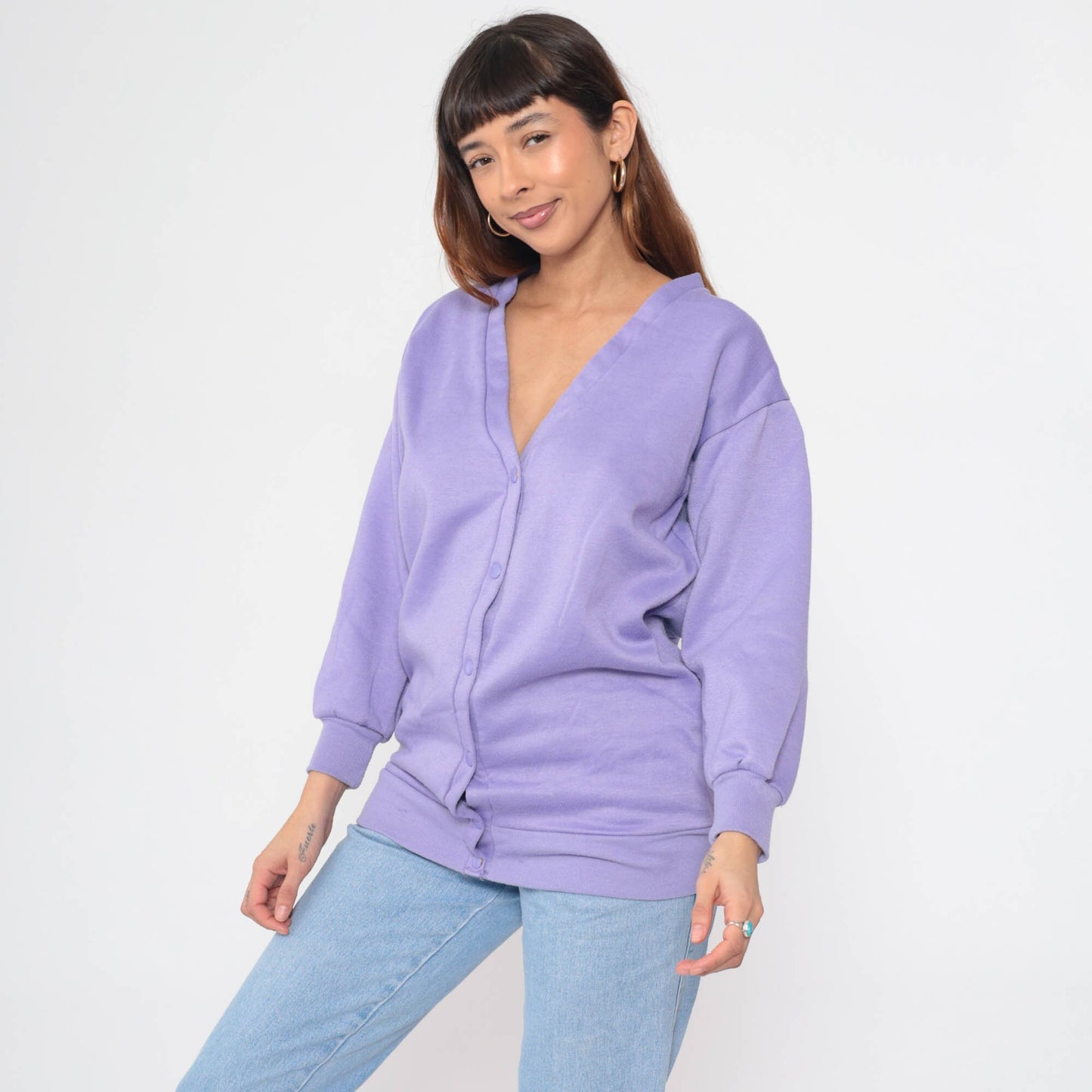 90s Lavender Cardigan Sweatshirt Snap Button V-Neck Slouchy Small