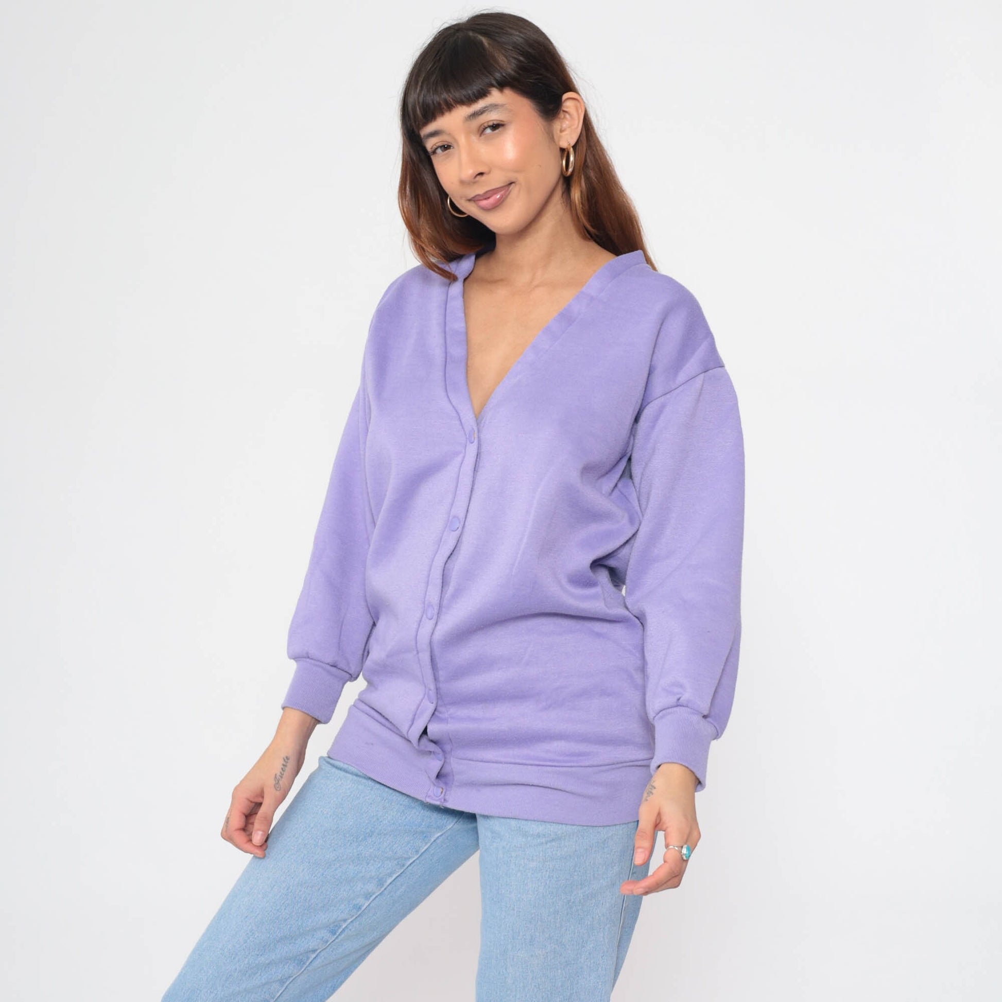 90s Lavender Cardigan Sweatshirt Snap Button V-Neck Slouchy Small