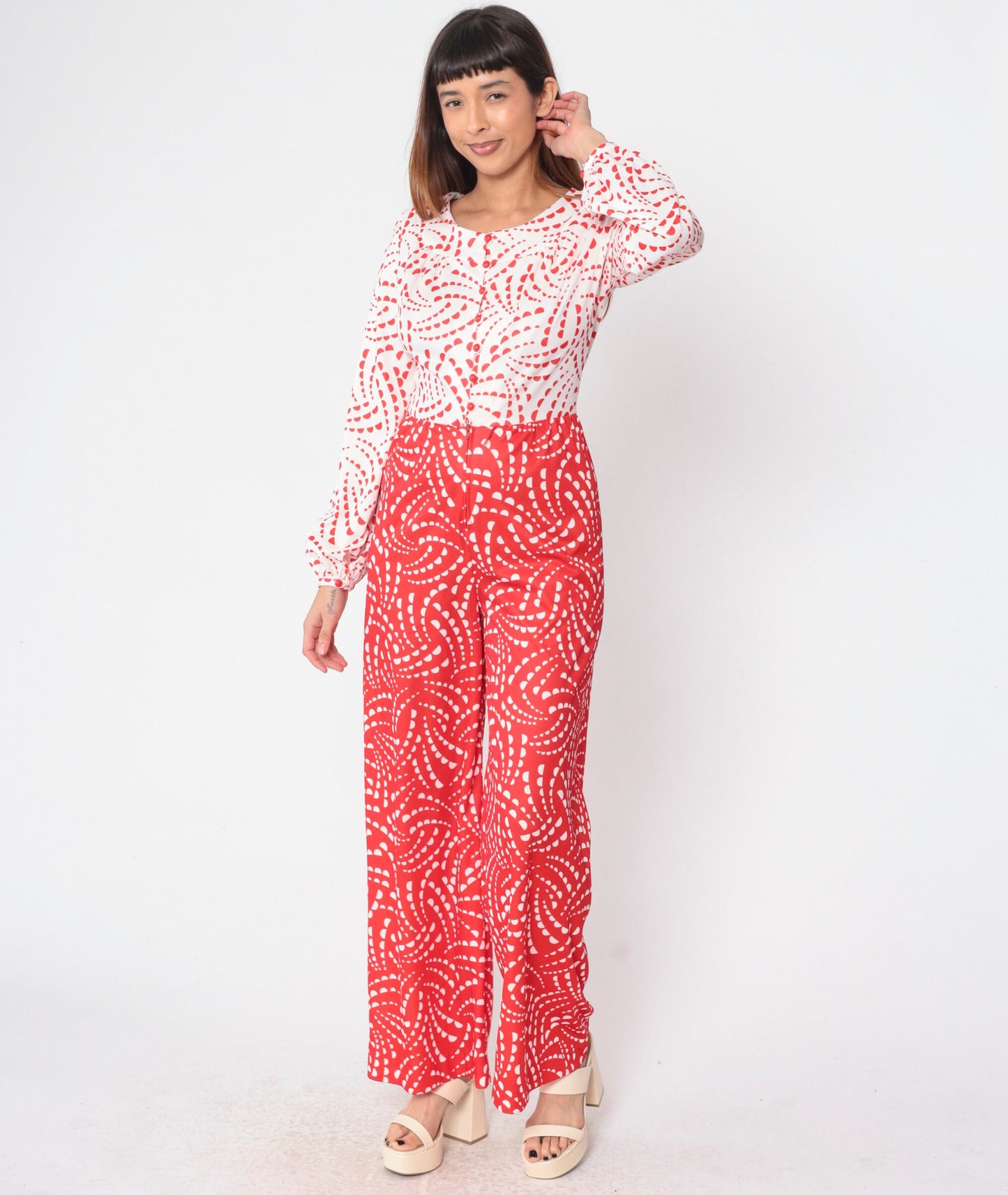 70s Toni Todd Jumpsuit Red White Geometric Wide Leg Button Up Small Medium
