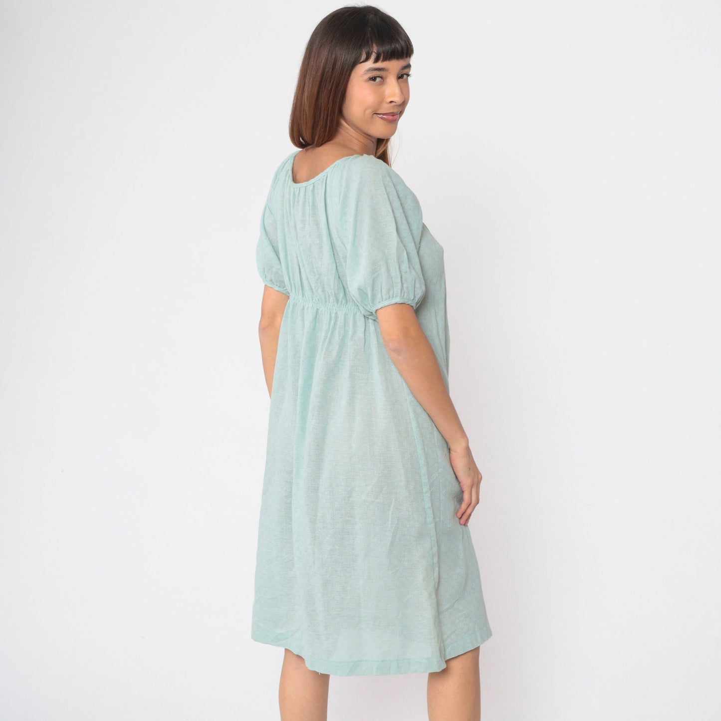70s JC Penney Seafoam Shift Dress Bow Neck Midi Cotton Small