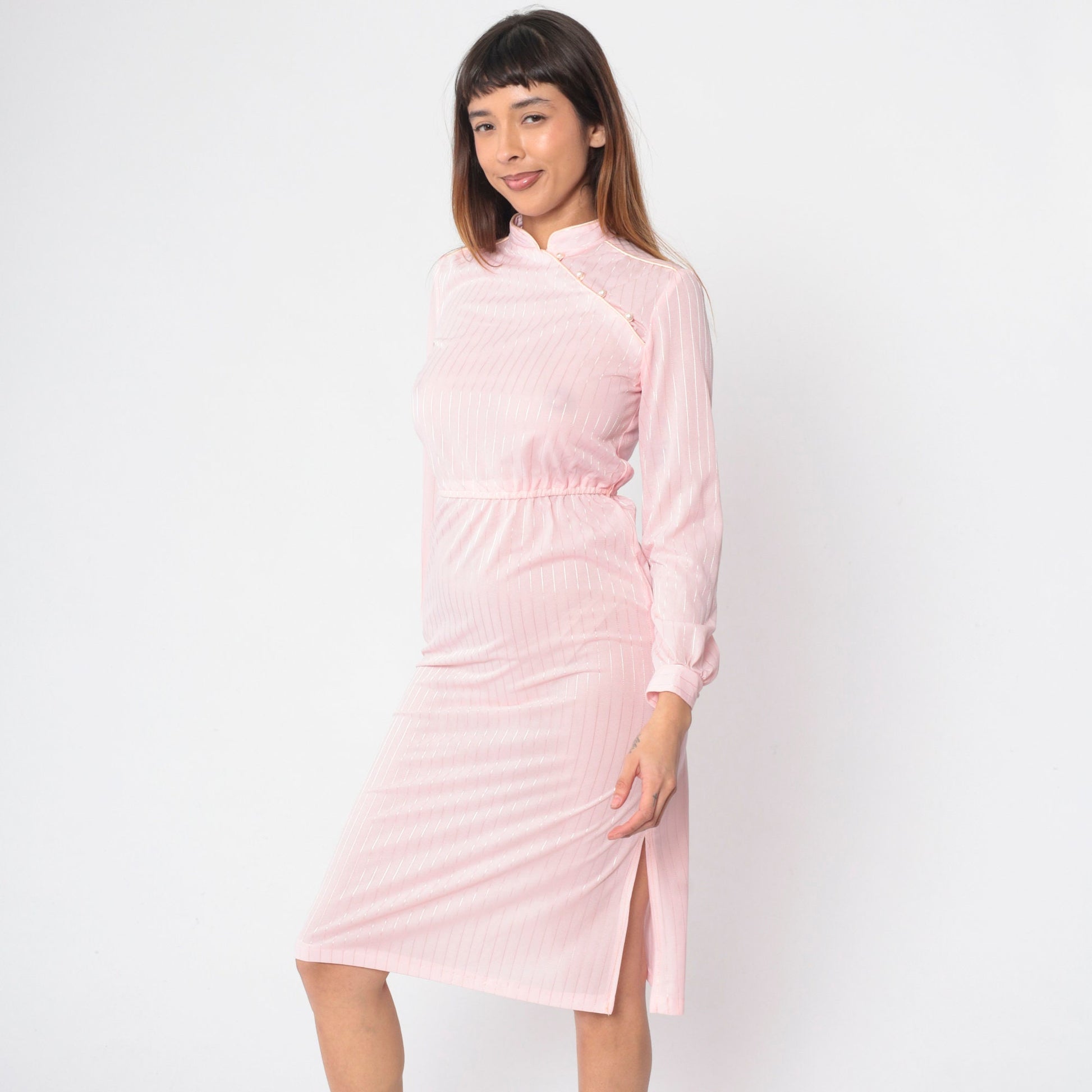 70s Mandarin Collar Midi Dress Baby Pink Striped Long Sleeve High Waist Extra Small