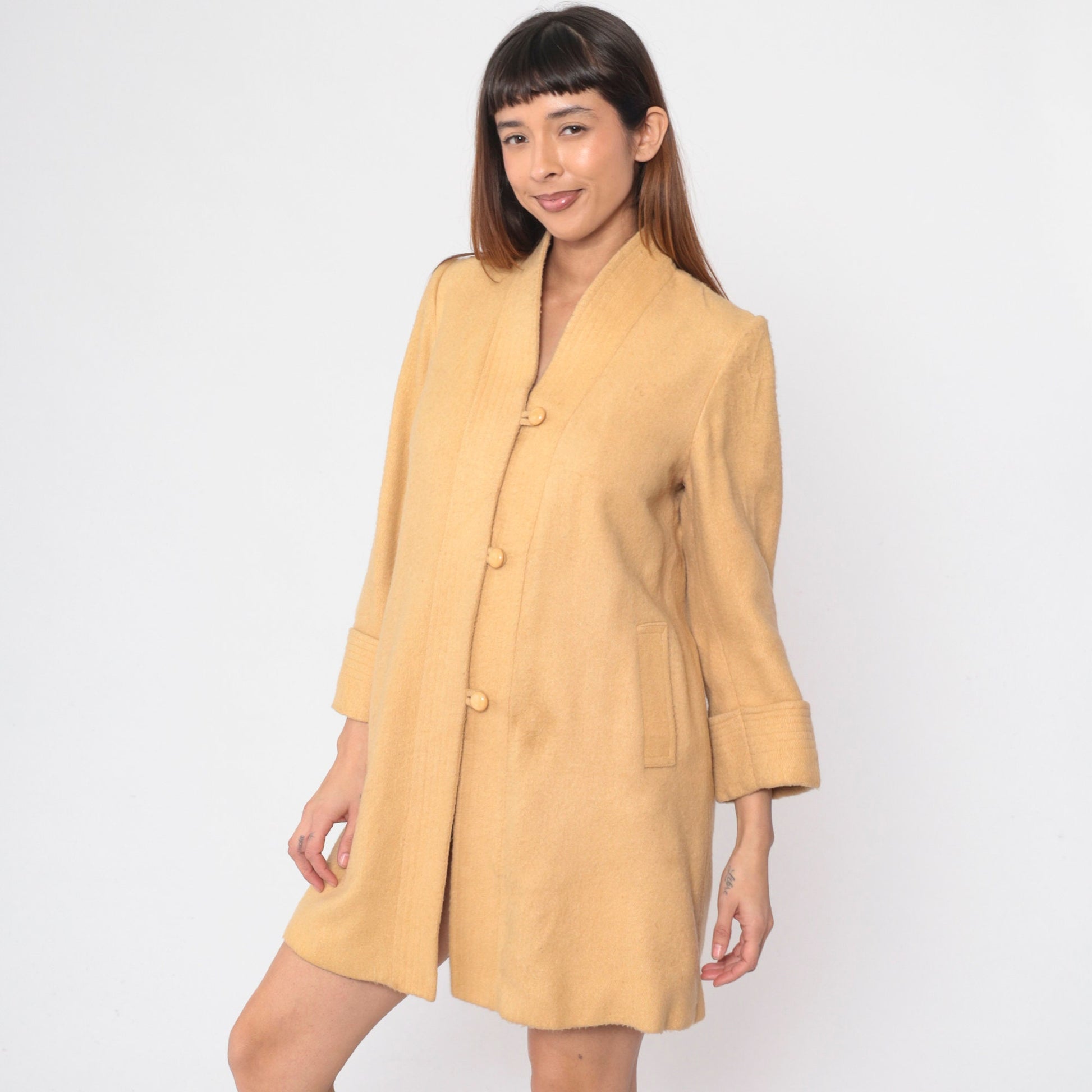 80s Mustard Wool Blend Jacket V-Neck Loop Button Set-In Sleeve Small