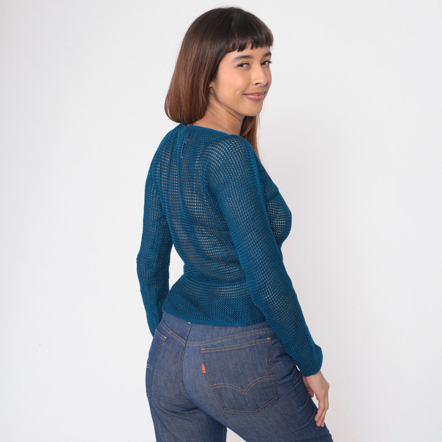 70s Missoni Sheer Mesh Knit Sweater Blue Boatneck Drawstring Waist Extra Small