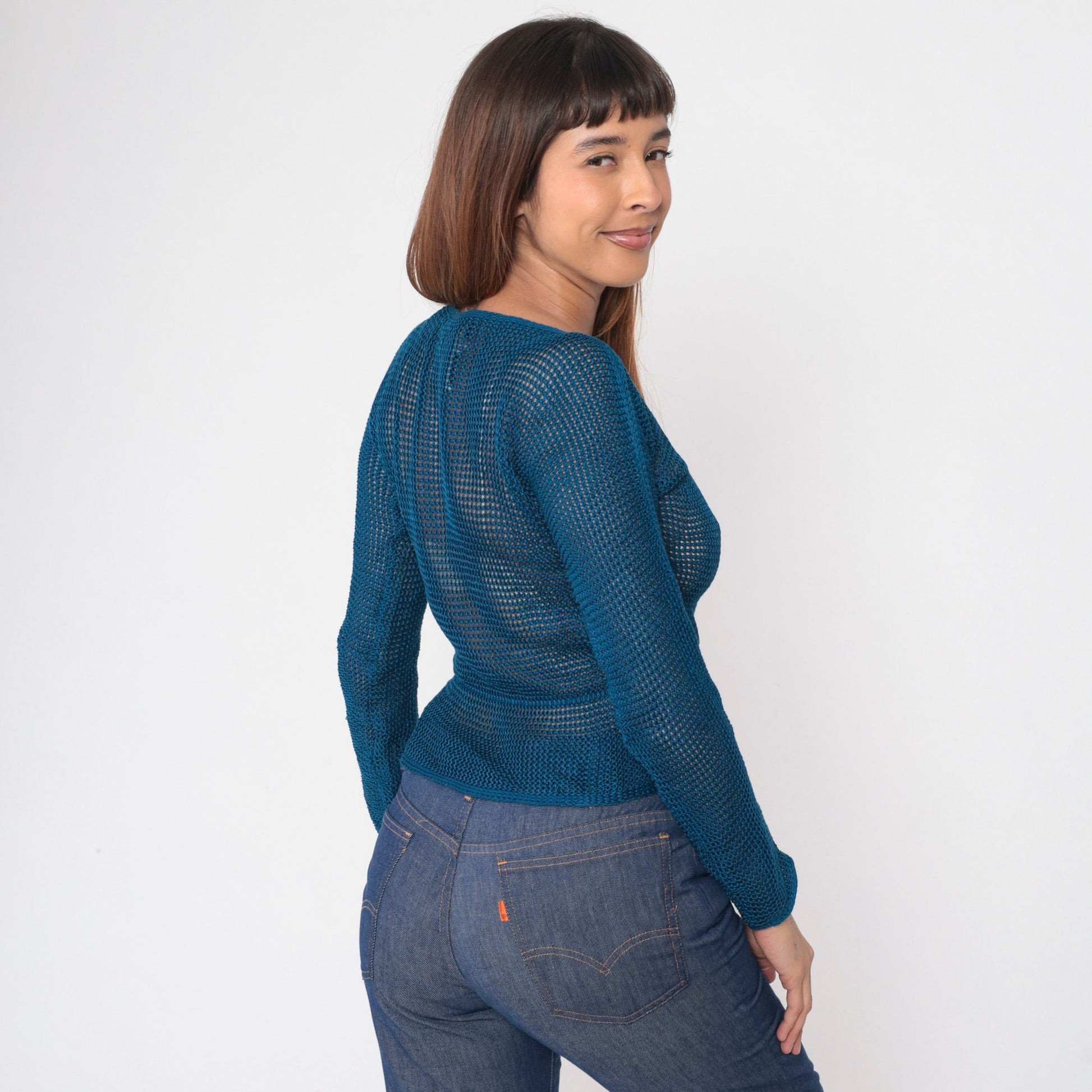 70s Missoni Sheer Mesh Knit Sweater Blue Boatneck Drawstring Waist Extra Small