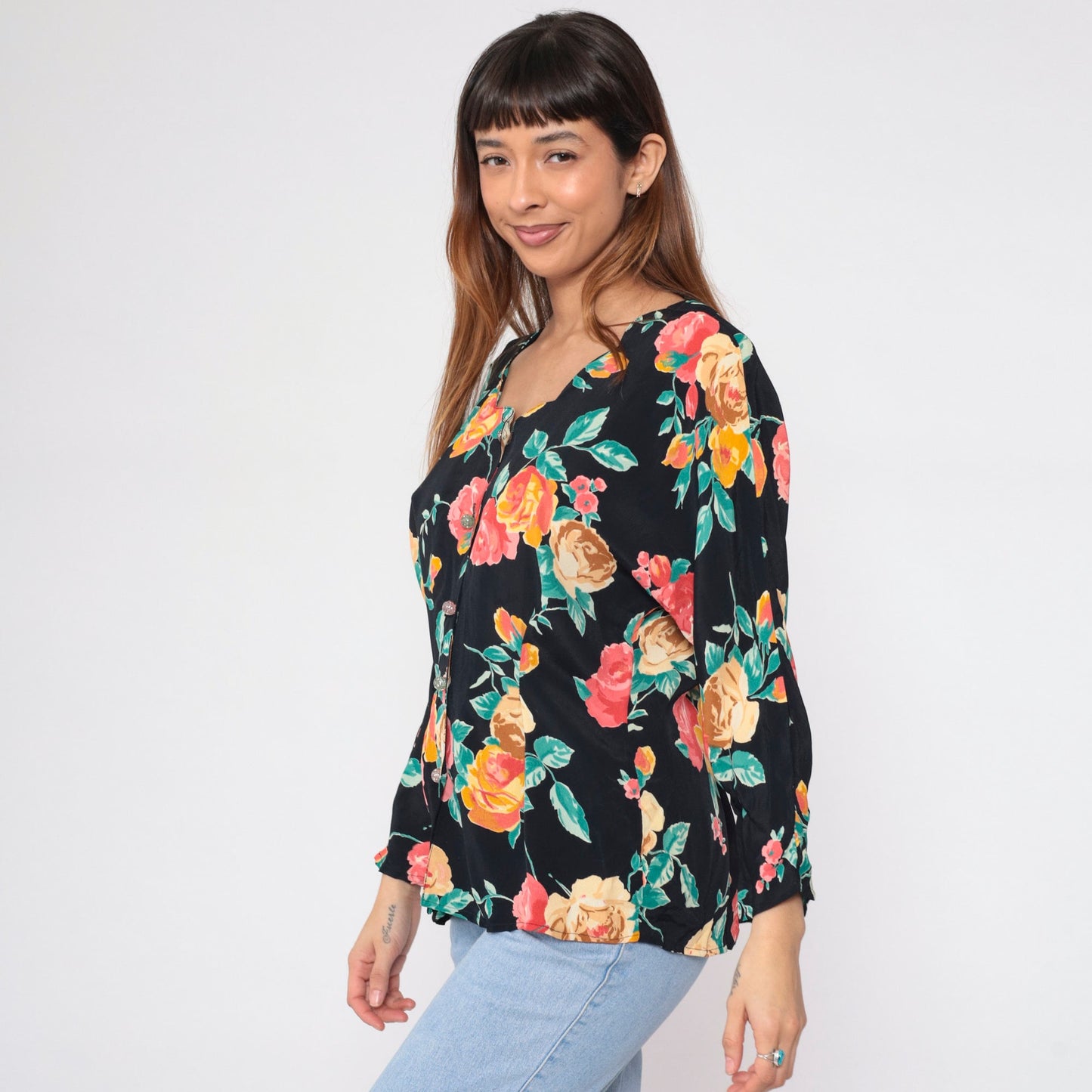 90s Carole Little Black Floral Button-Up Blouse Scalloped Neckline Medium