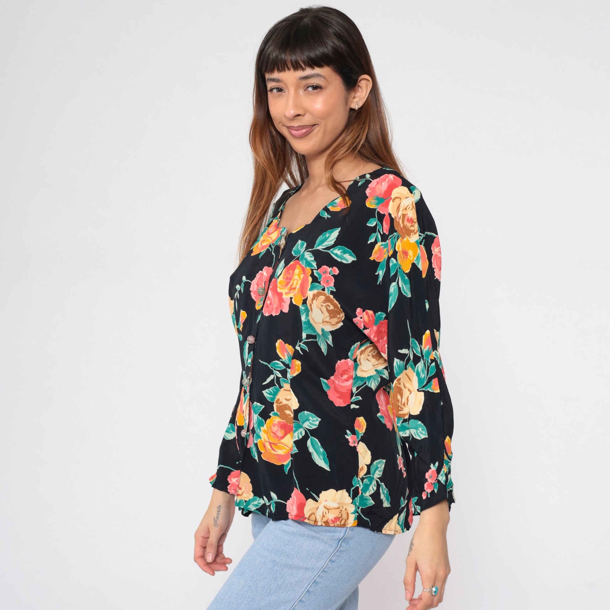 90s Carole Little Black Floral Button-Up Blouse Scalloped Neckline Medium