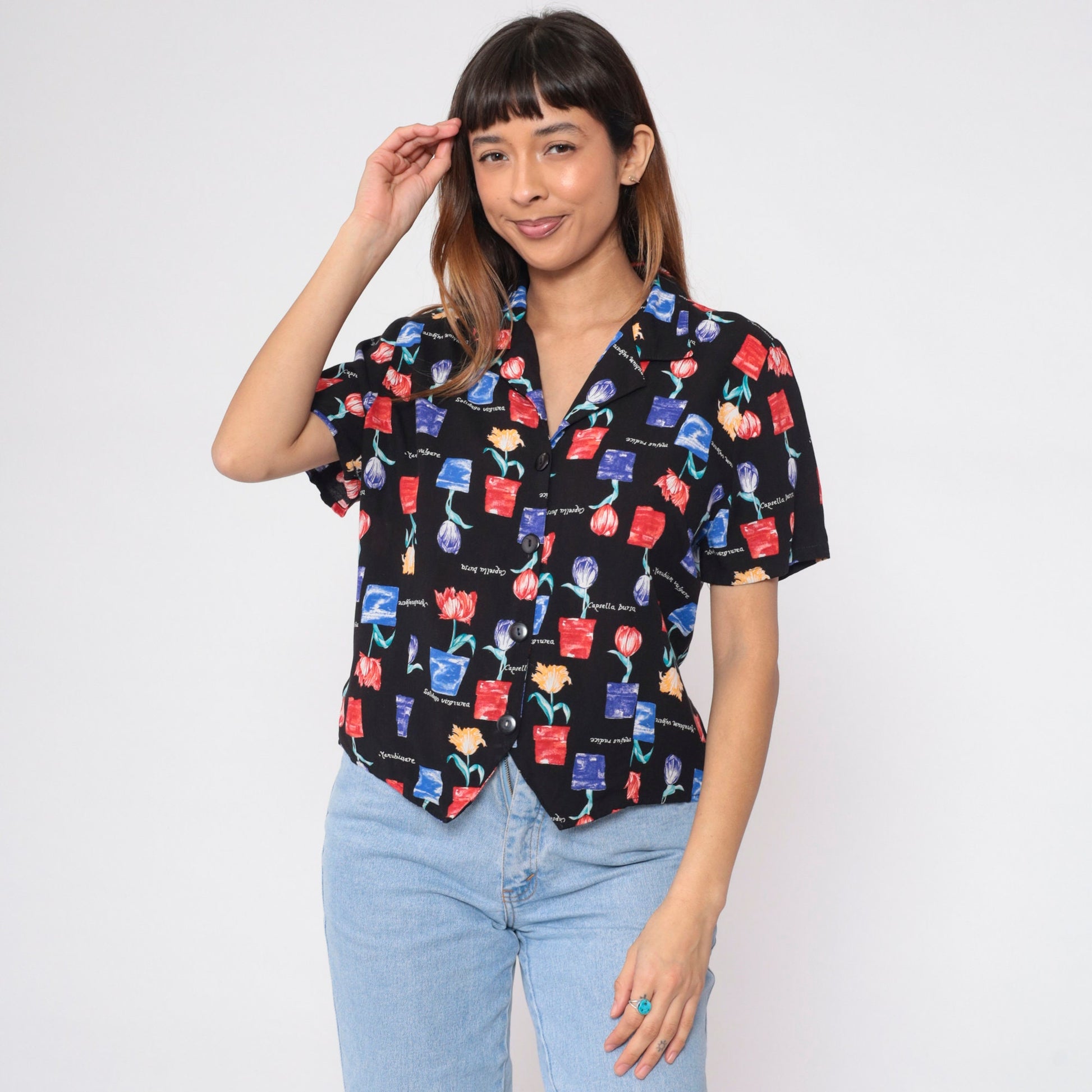 90s Floral Botanical Button-Up Blouse Flowerpot Tulip Print Shirt Large L