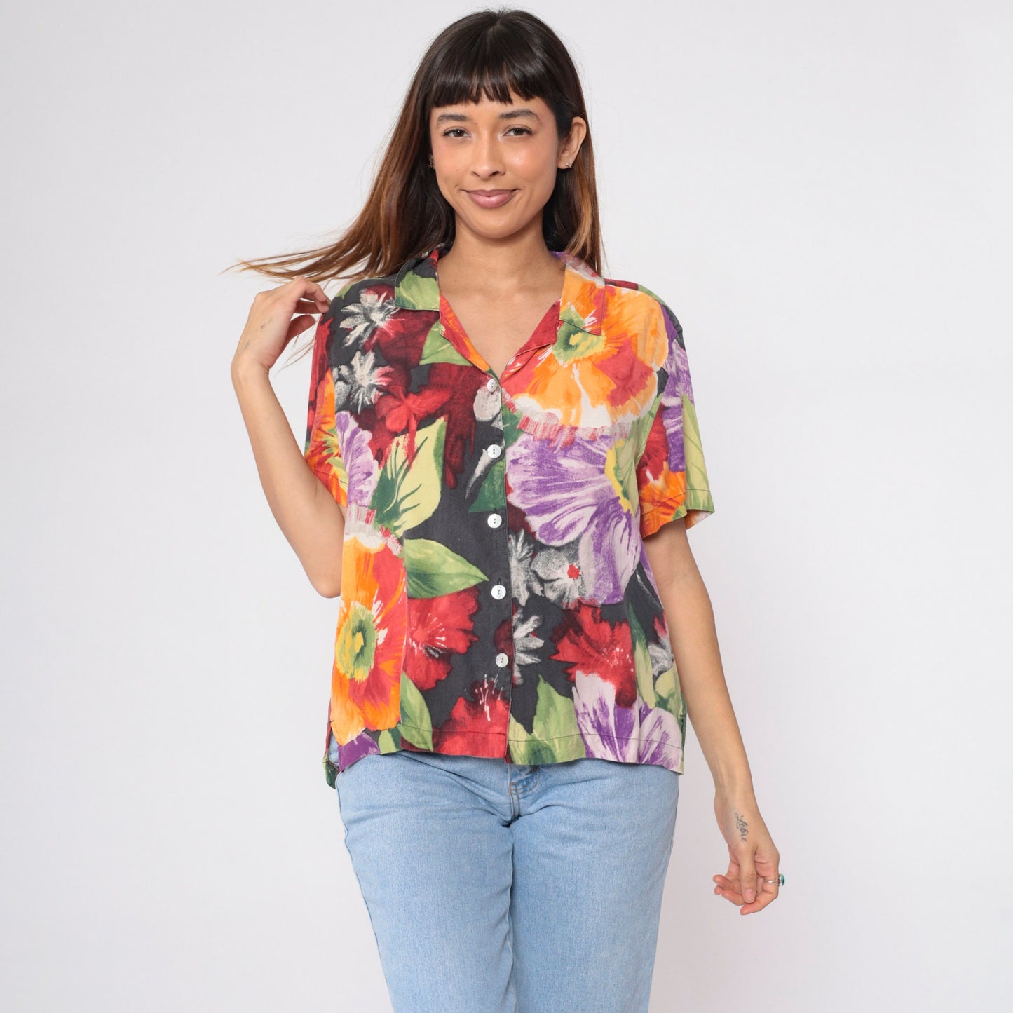 00s Caribbean Joe Silk Floral Button-Up Blouse Watercolor Print Extra Large