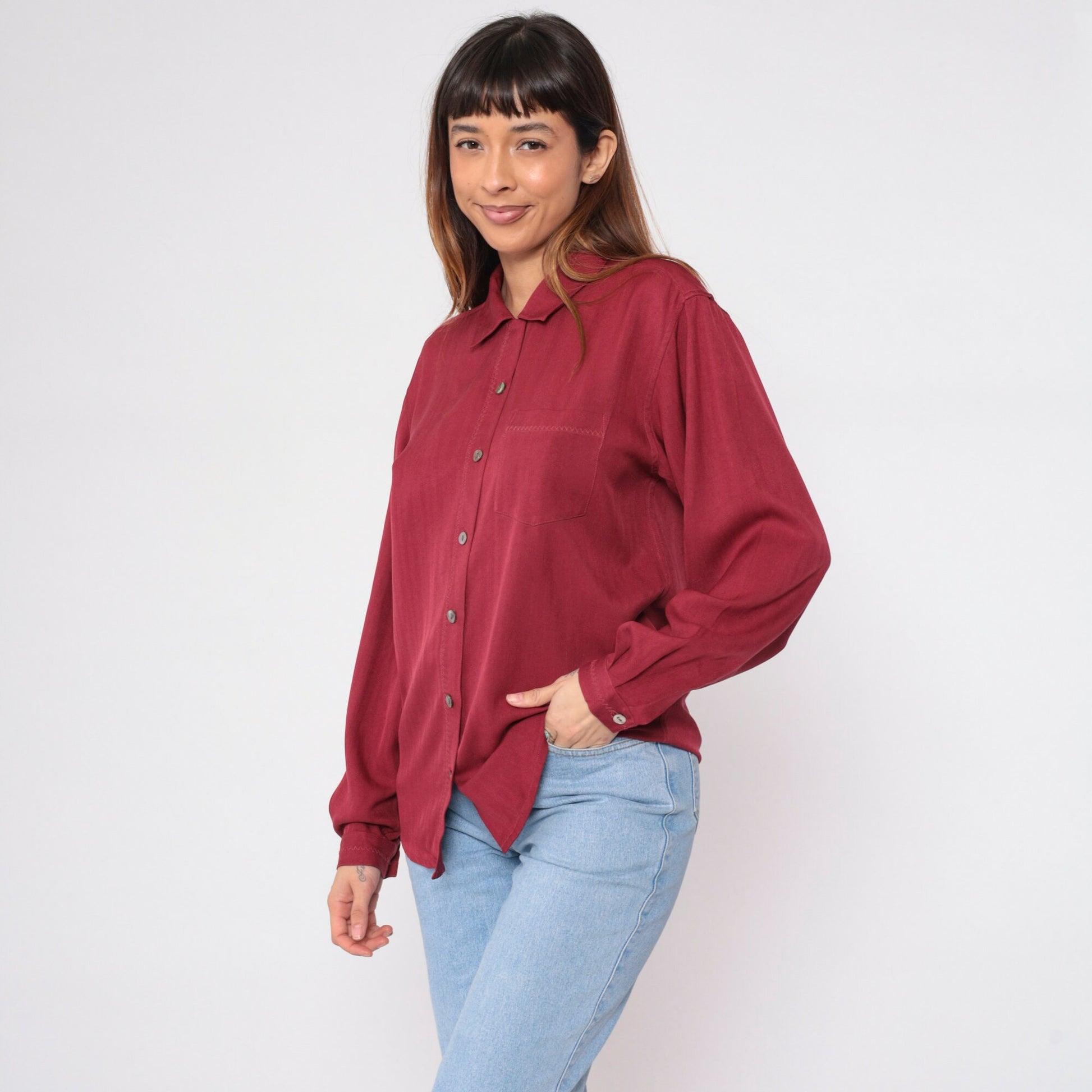 00s Tommy Bahama Maroon Silk Button-Up Blouse Long Sleeve Small S