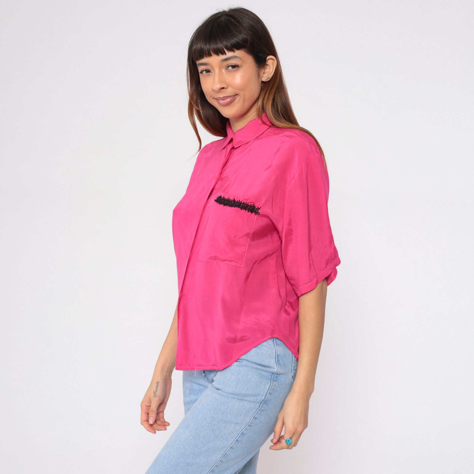 90s Hot Pink Button-Up Blouse Black Soutache Trim Short Sleeve Medium M