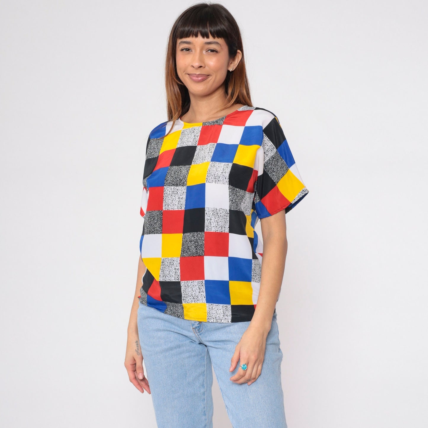 90s Color Block Blouse Primary Colours Black White Flecked Print Short Sleeve Small S