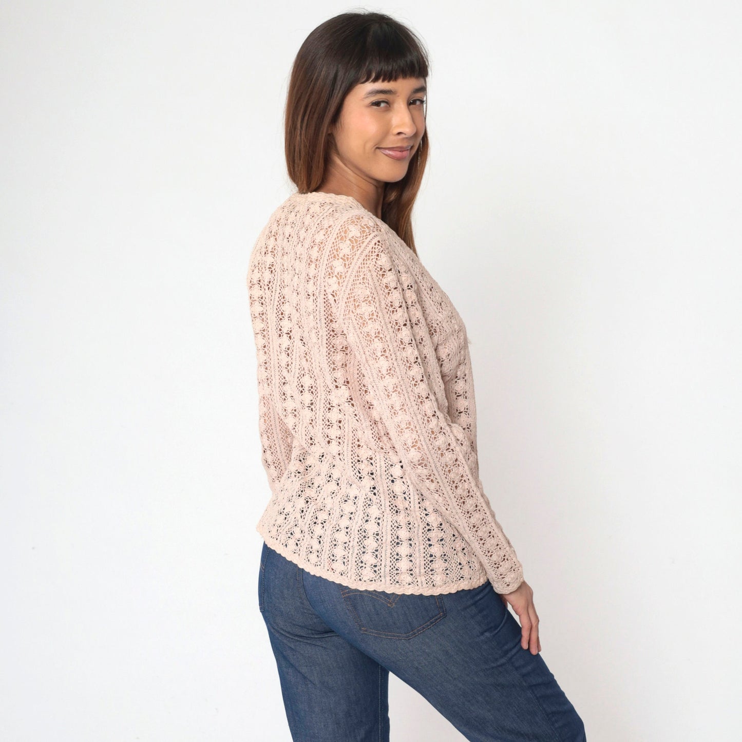 90s Blush Beige Crochet Cardigan Floral Cutout Cotton Knit Large
