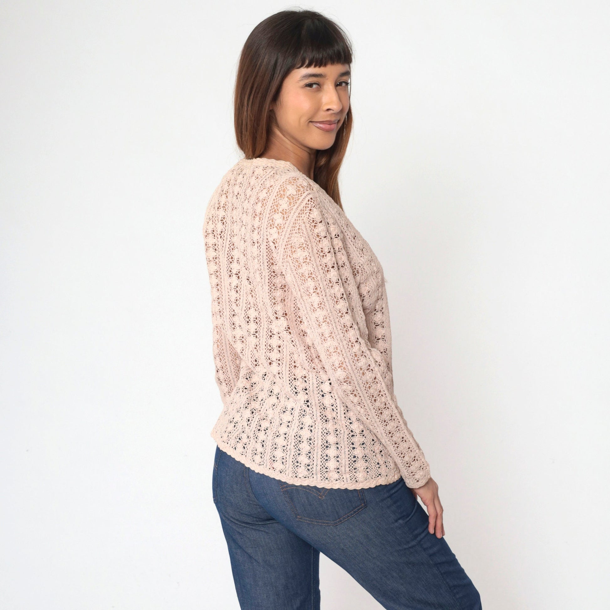 90s Blush Beige Crochet Cardigan Floral Cutout Cotton Knit Large