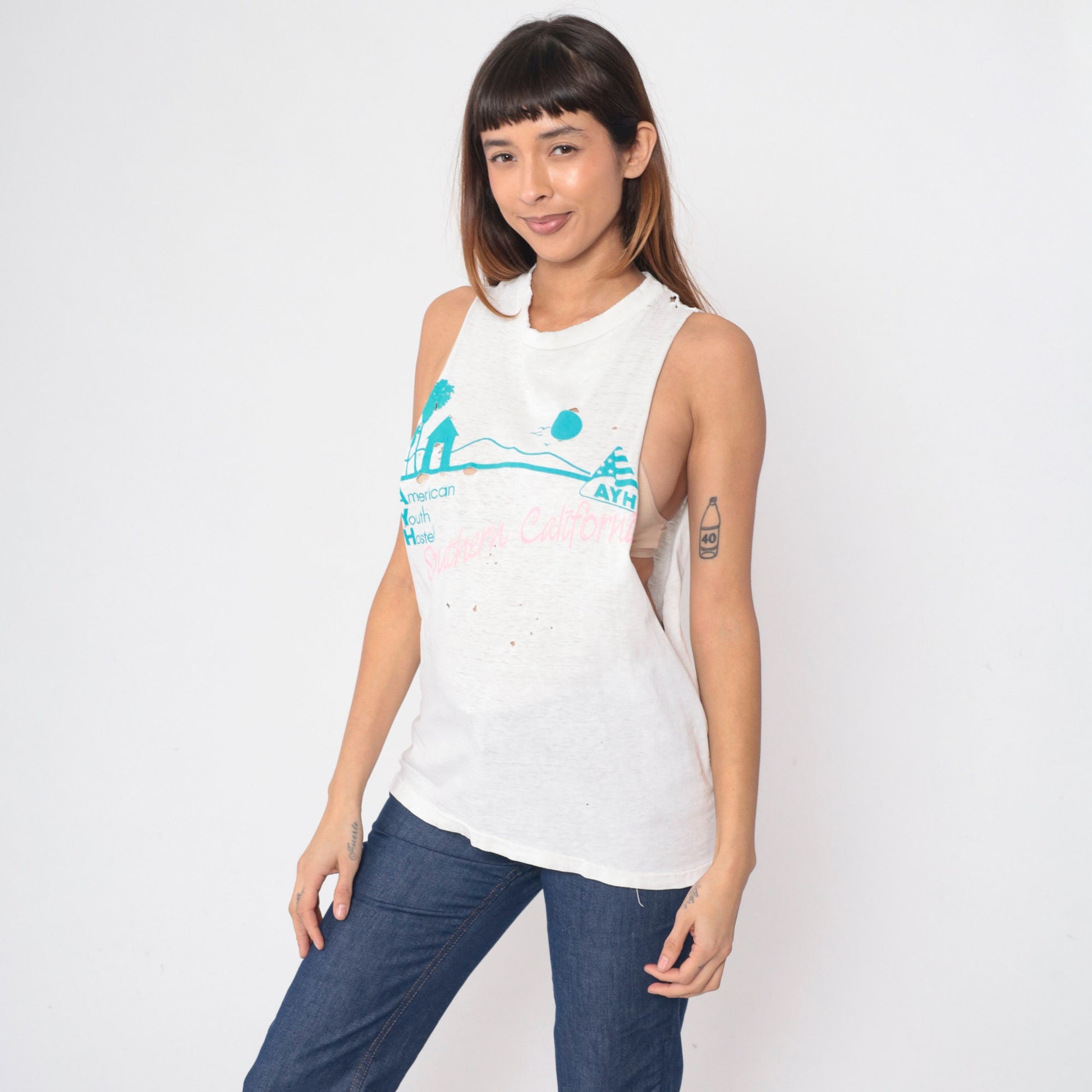 90s American Youth Hostels Tank Top California Palm Tree Graphic Distressed Medium