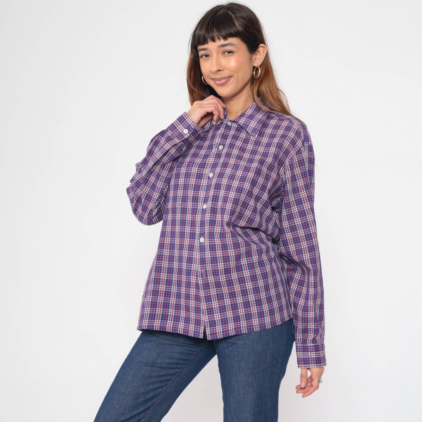 70s Plaid Button-Up Shirt Red Blue White Tartan Cotton Blend Large