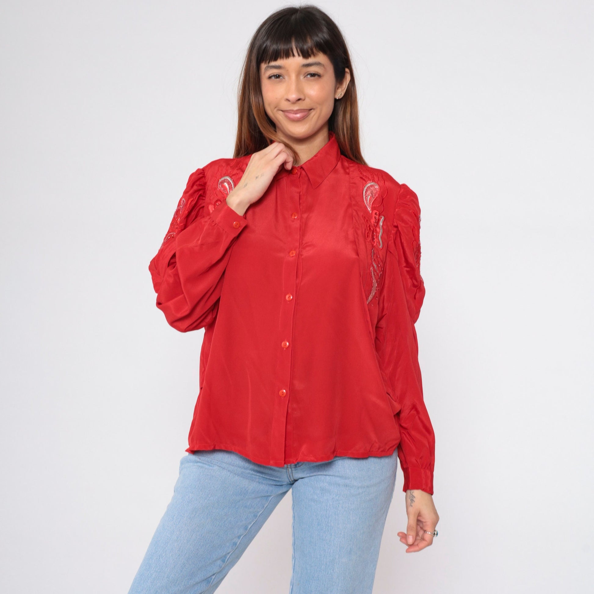 90s Red Sequin Embroidered Button-Up Blouse Puff Sleeve Large L