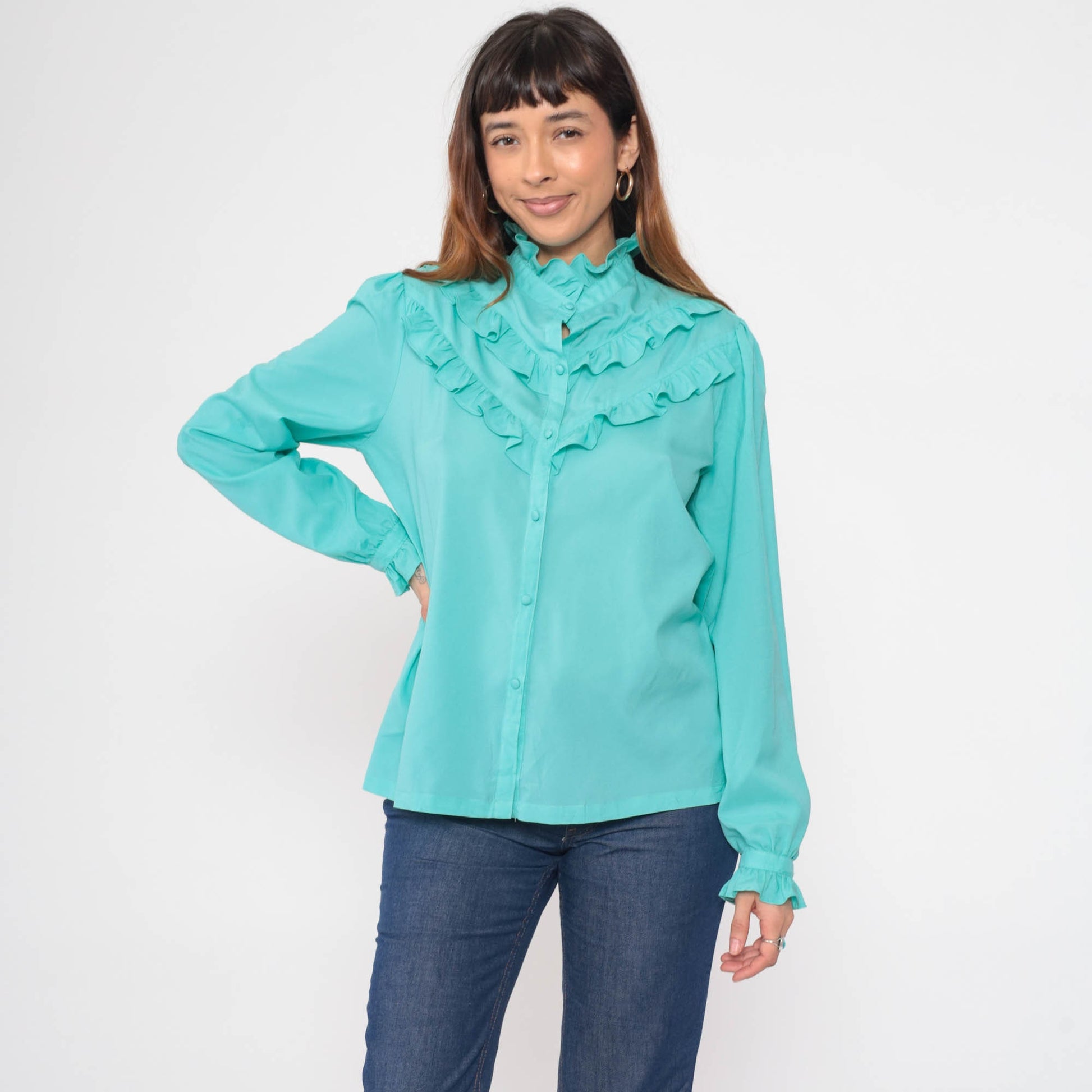 70s Pykettes Turquoise Puff Sleeve Button-Up Blouse Ruffled High Neck Medium