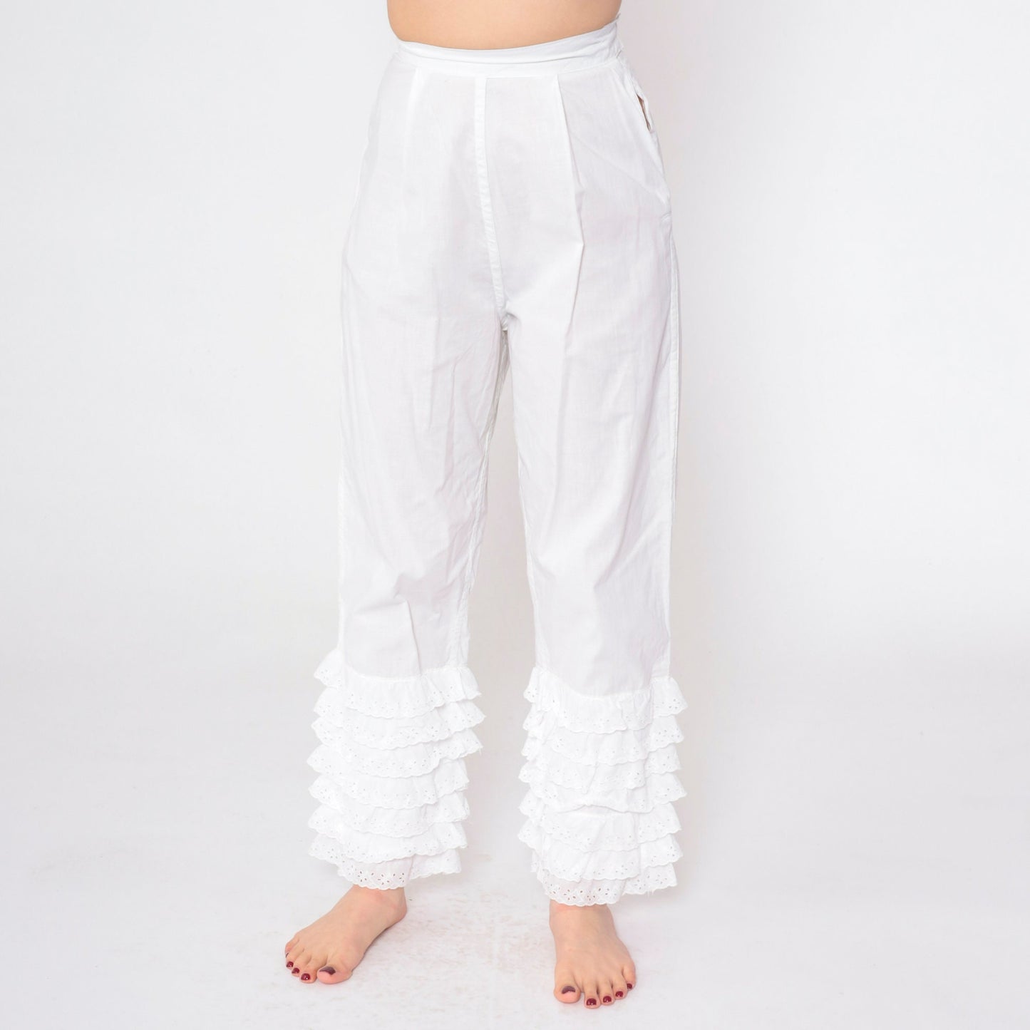 60s White Eyelet Ruffled Pantaloons High Waist Cotton Petti Pants Extra Small