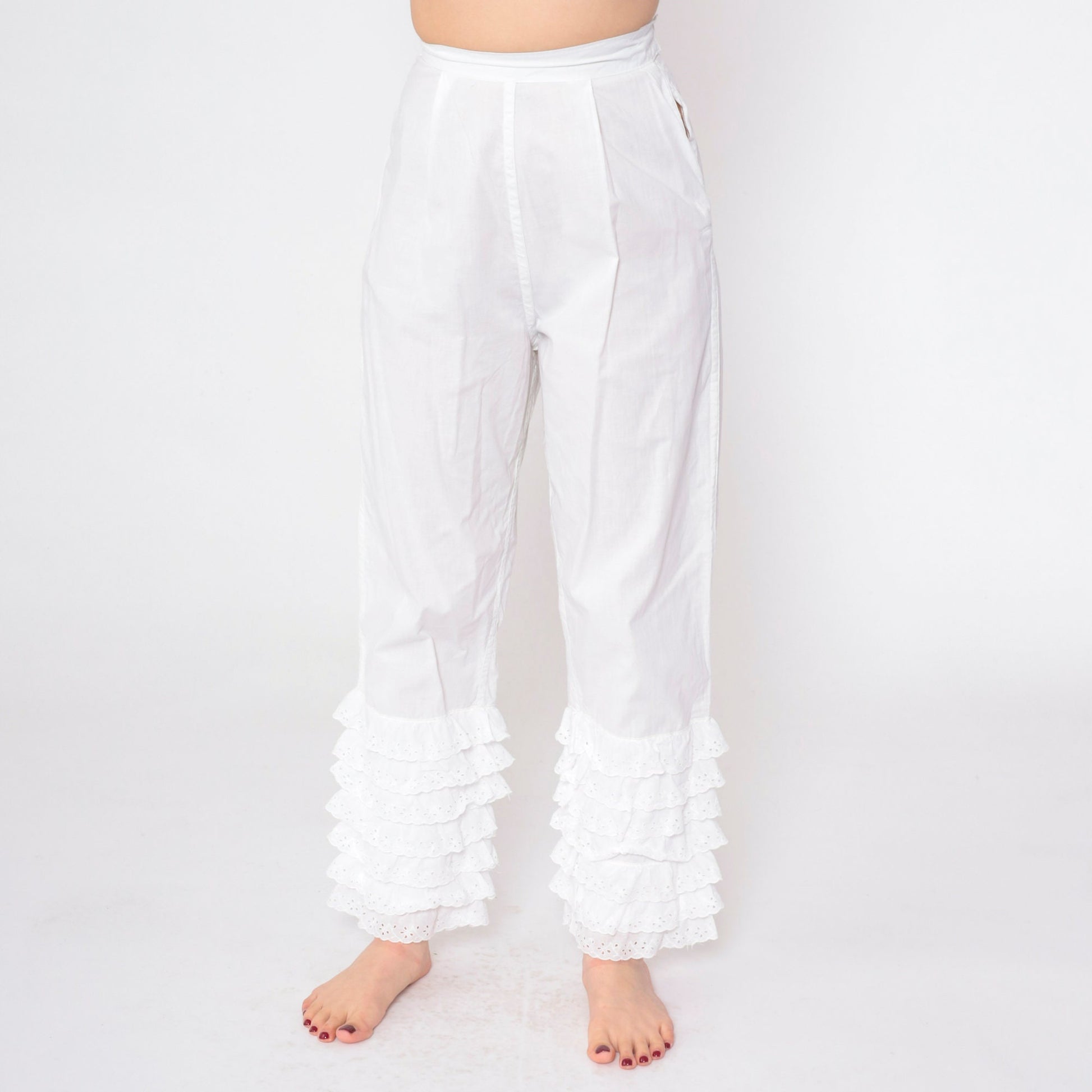 60s White Eyelet Ruffled Pantaloons High Waist Cotton Petti Pants Extra Small