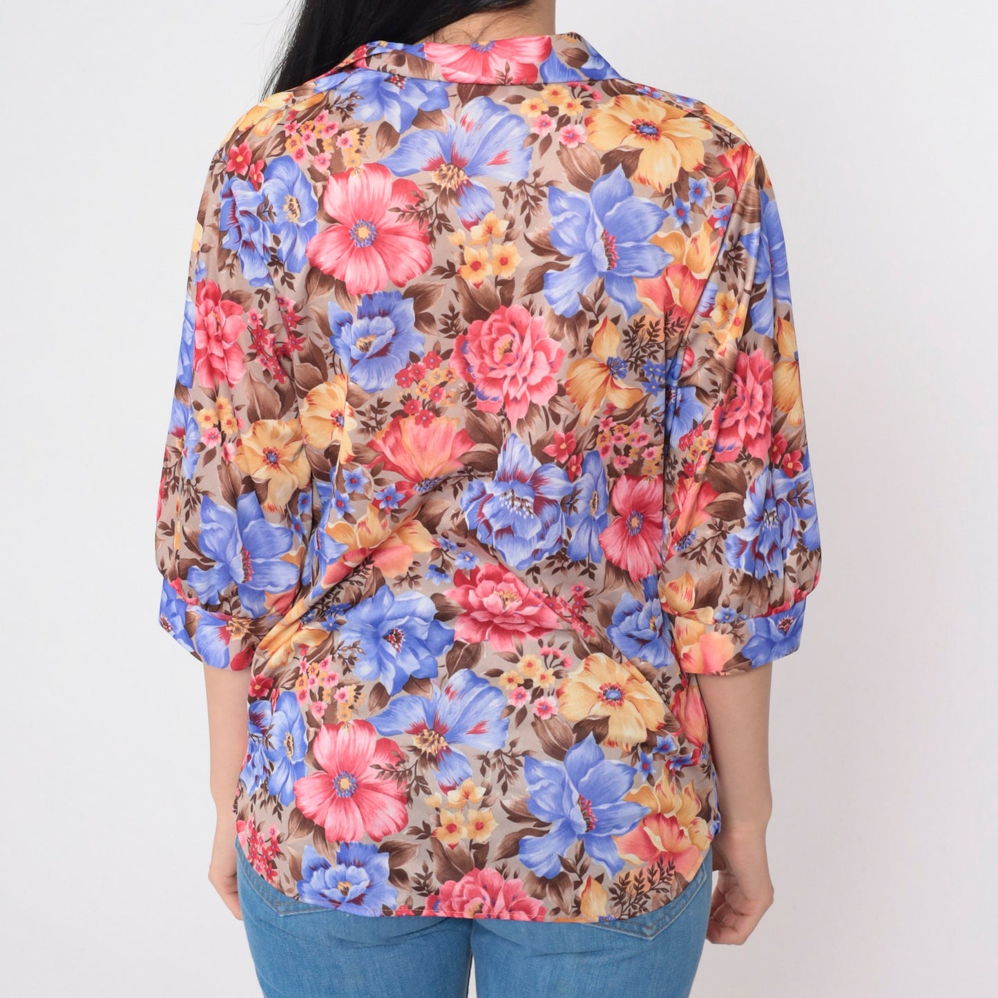 70s Floral Pleated Blouse Collared V-Neck 3/4 Sleeve Medium