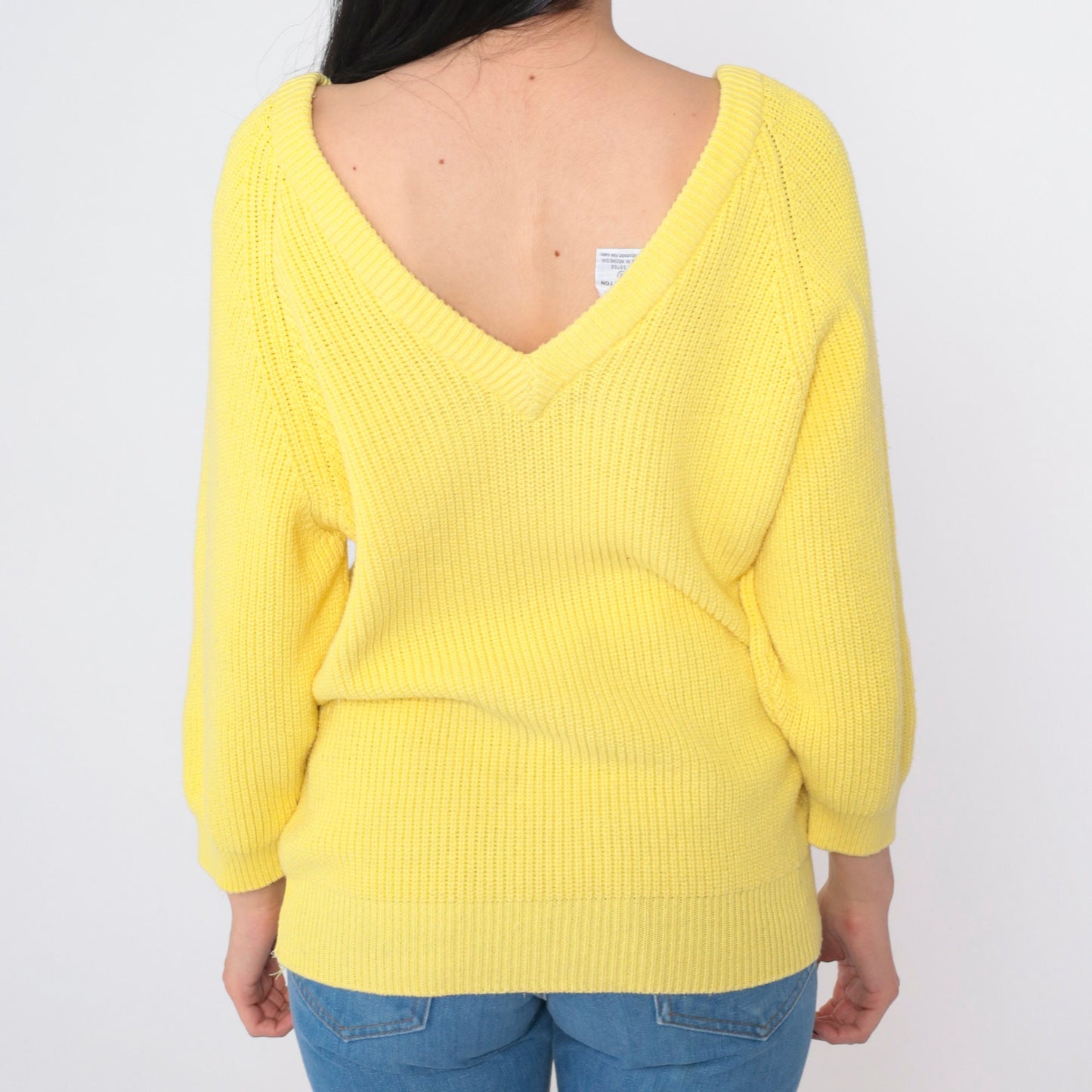80s Yellow Cotton V-Neck Pullover Sweater Small S