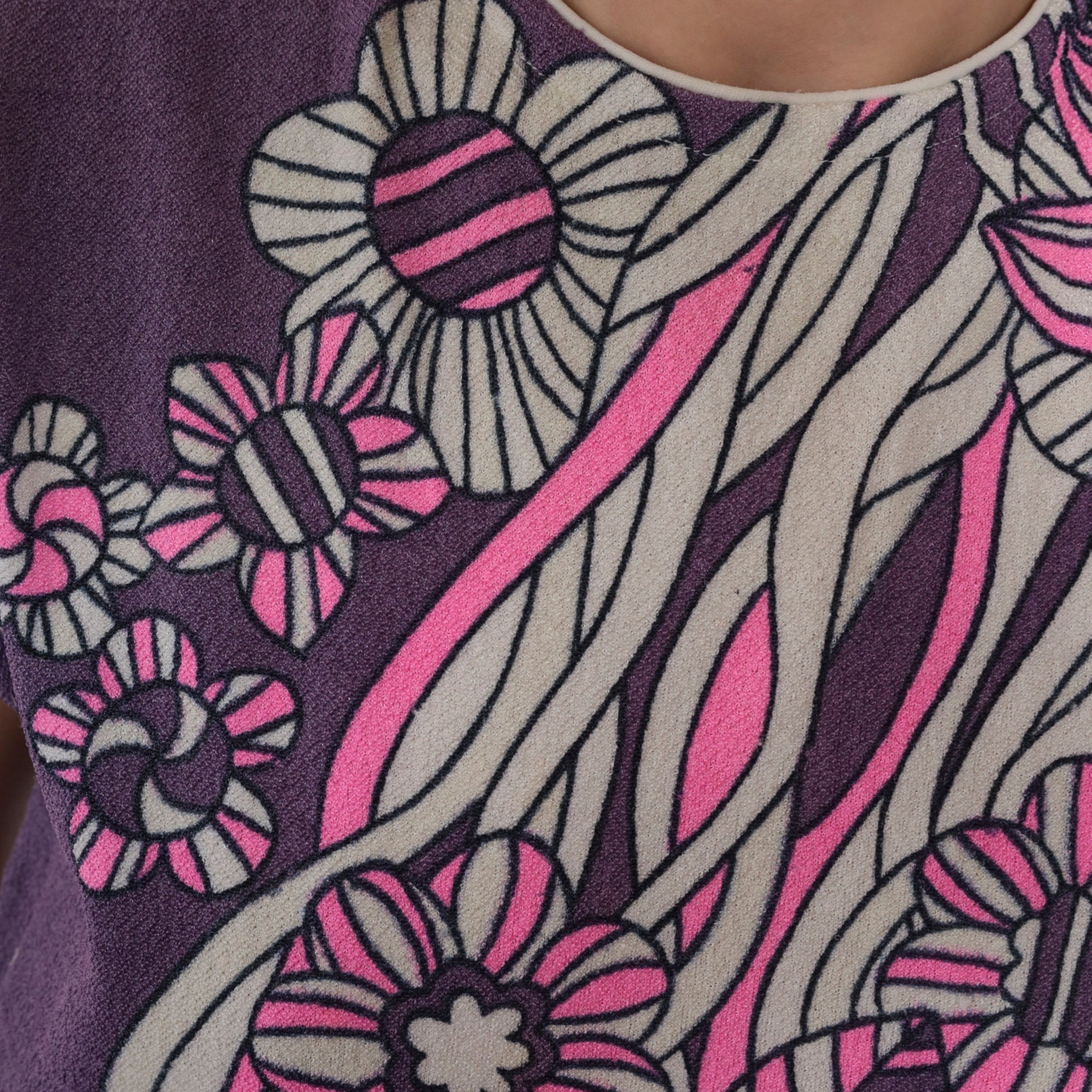 70s Purple Floral Tank Top Mod Flower Print Sleeveless Blouse Medium