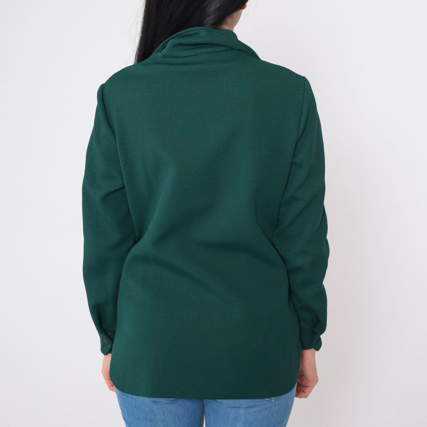 70s Forest Green Wing Collar Button-Up Blouse Long Sleeve Medium