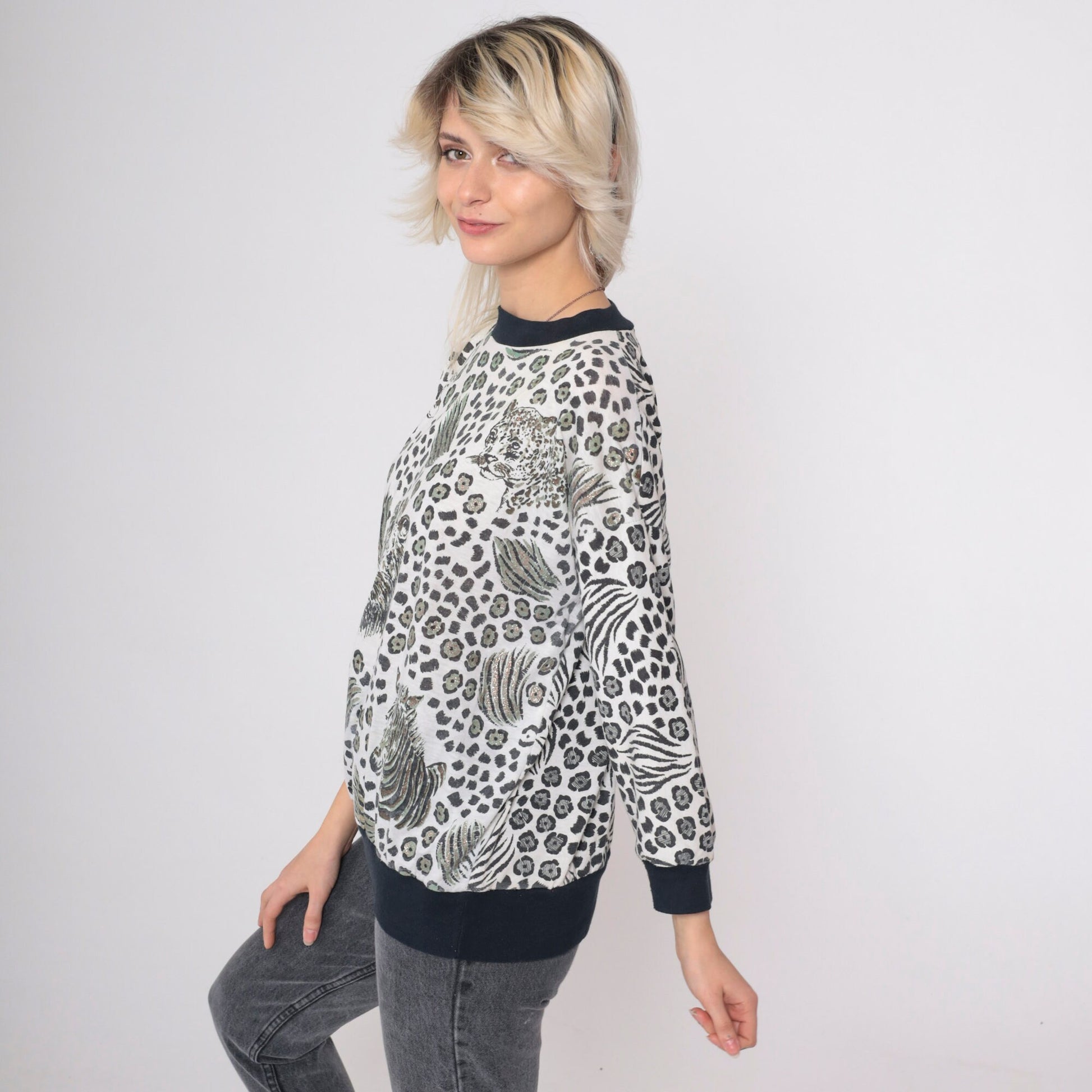 80s Glitter Jungle Animal Print Blouse Lion Tiger Zebra Leopard Medium