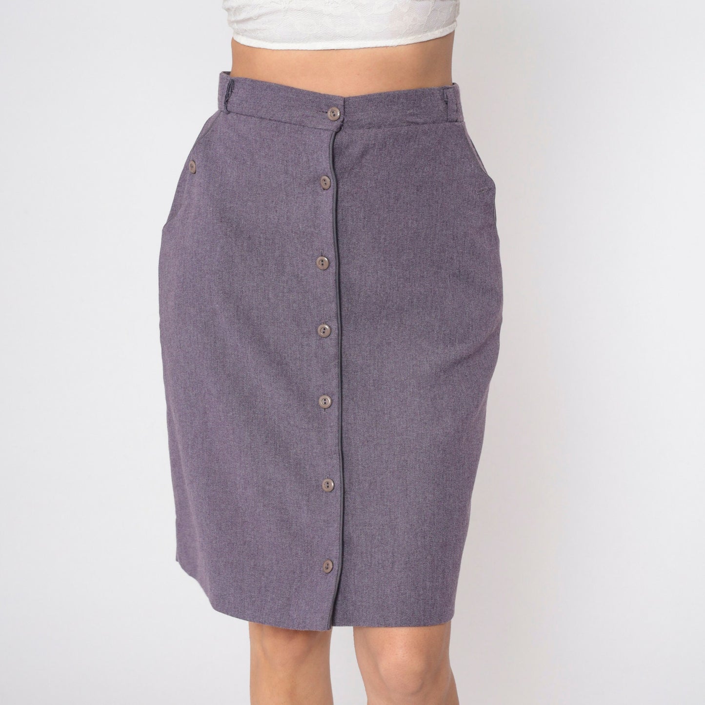 80s Purple Button-Front Pencil Skirt High Waist Knee Length Medium