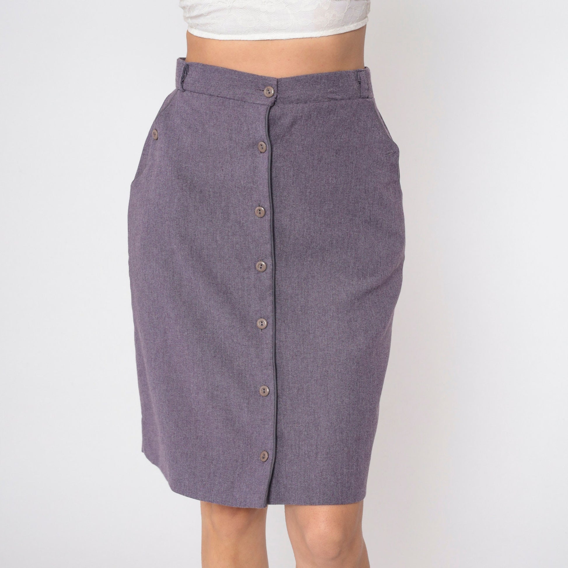 80s Purple Button-Front Pencil Skirt High Waist Knee Length Medium