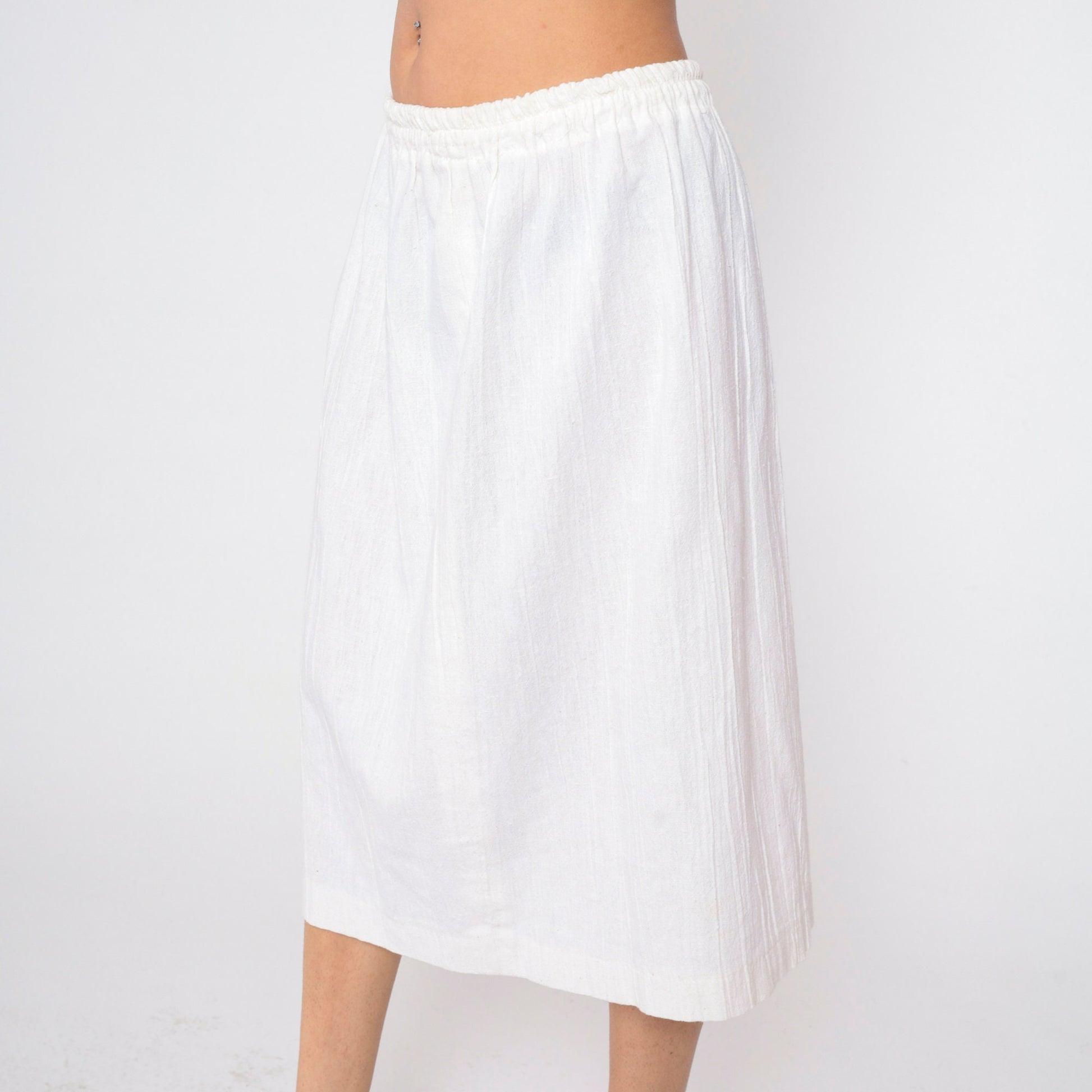 90s White Gauze Midi Skirt High Elastic Waist Crinkled Medium Large