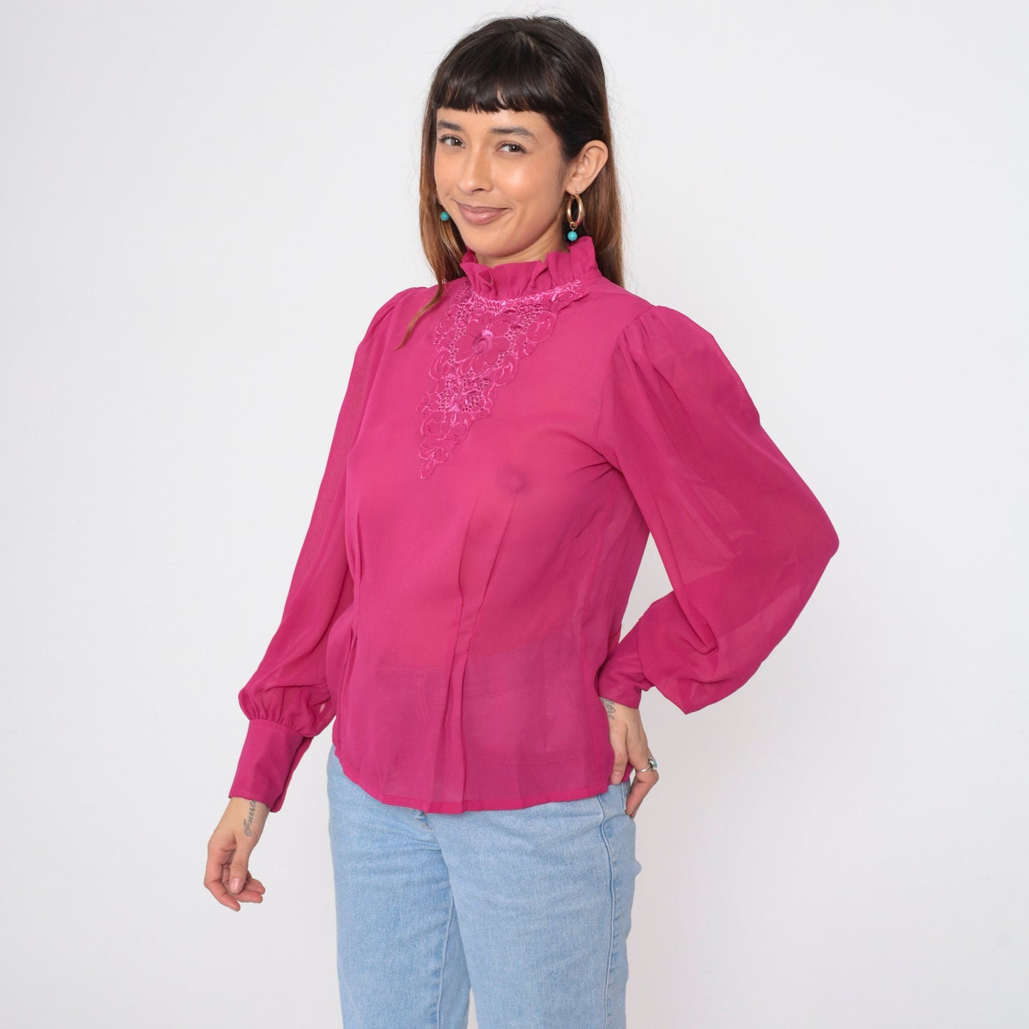 80s Fuchsia Embroidered Chiffon Blouse Puff Sleeve Floral Cutout Medium