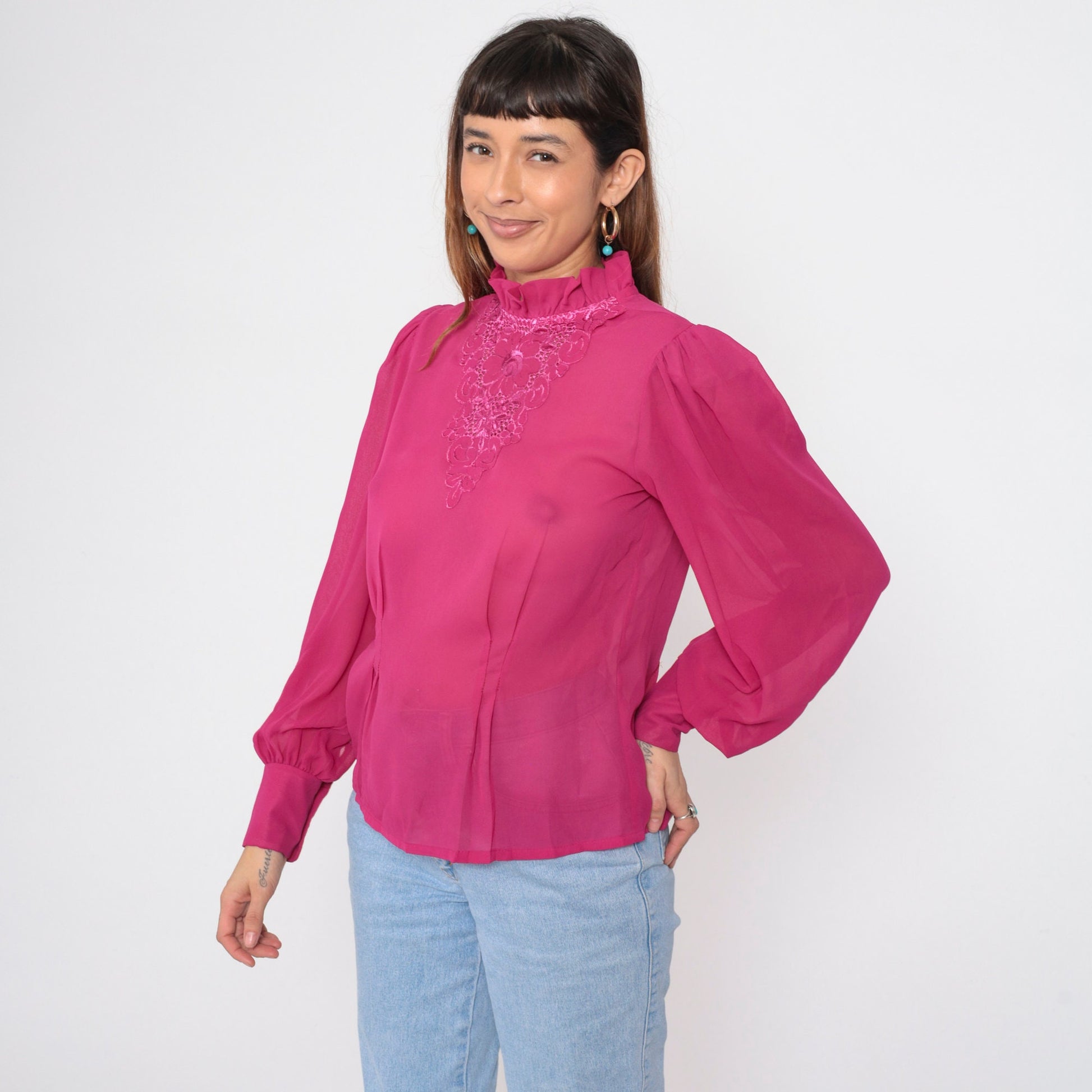 80s Fuchsia Embroidered Chiffon Blouse Puff Sleeve Floral Cutout Medium