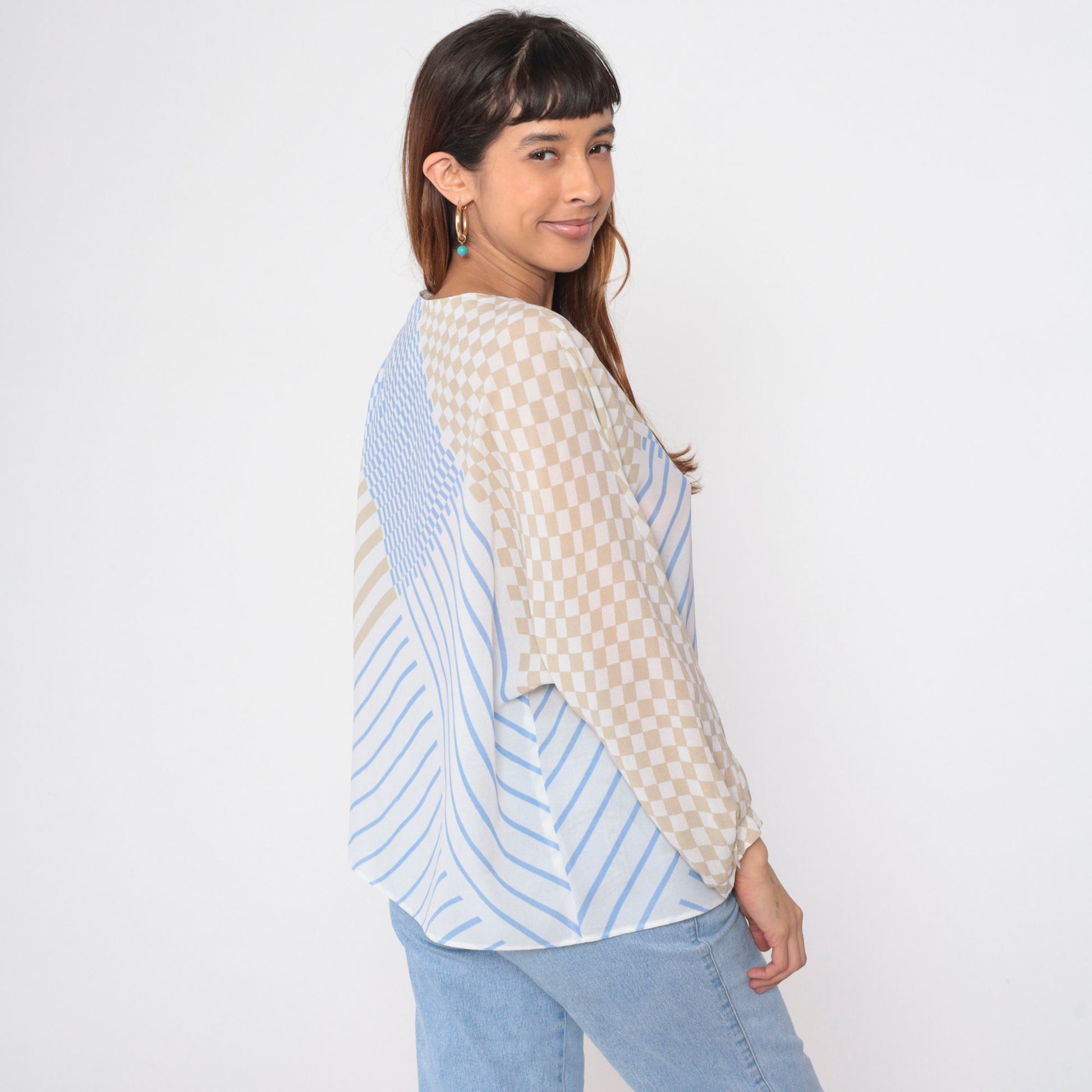 80s Frankenwalder Sheer Checkered Striped Blouse Long Sleeve Button Shoulder Blue White Taupe Extra Large