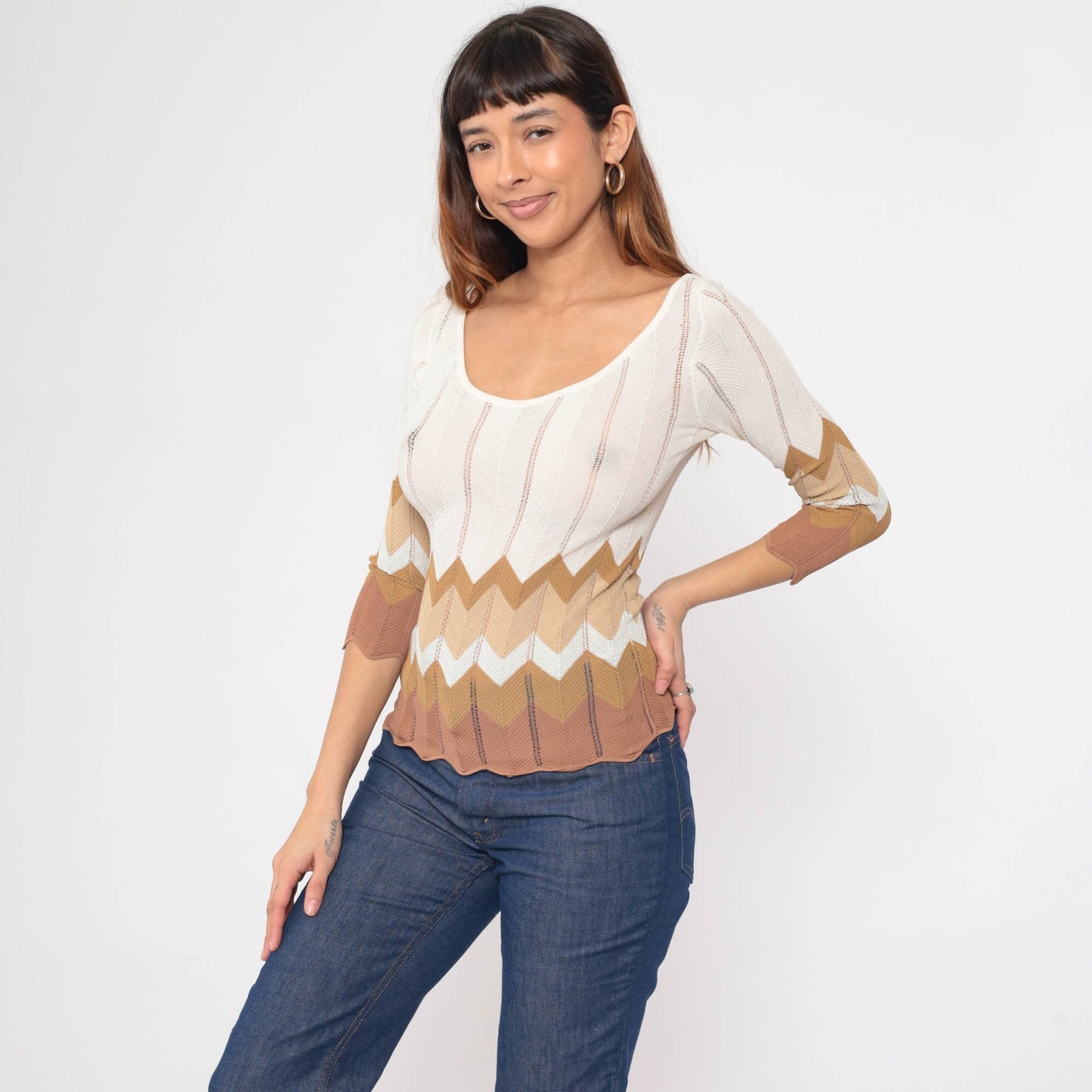90s Zig Zag Knit Top Striped Scalloped Pointelle Sweater White Brown Small
